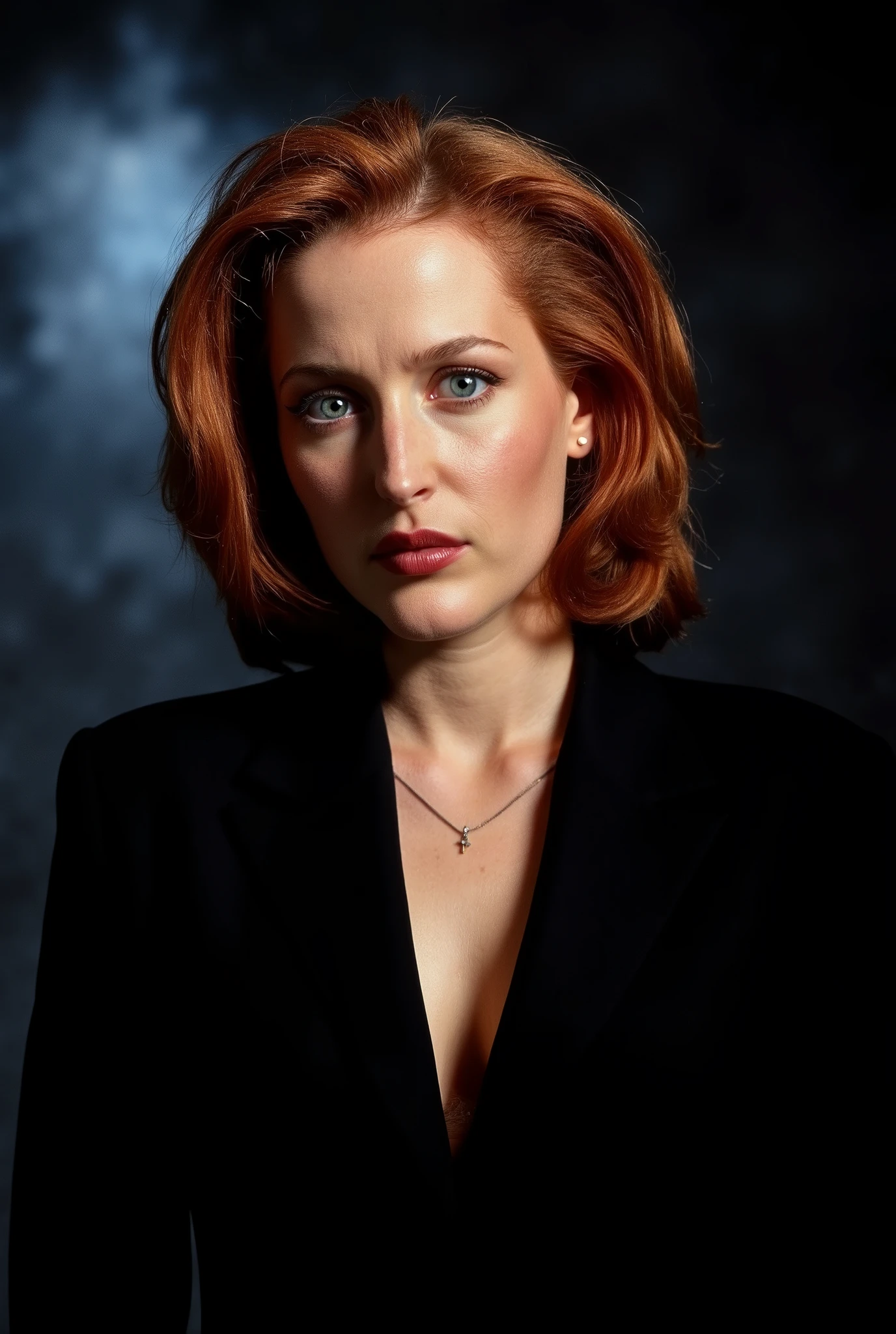 A hyper-realistic image of stunning alluring young Gillian Anderson as Dana Scully, dressed in a sleek business female suit; open unbuttoned jacked, exposed chest; she is stadning in a dimly lit smoke-filled room; the scene is bathed in dramatic chiaroscuro lighting, inspired by the classic film noir style. The focus is on her intense gaze, creating a sense of tension and danger. The image showcases her natural beauty, focusing on her flawless skin and delicate features. (sexy makeup, eyeliner, long eyelashes), (pale skin, detailed skin, detailed face), (red hair), (bo bra), (no t-shirt), (no blouse), (unbuttoned jacked), high quality, perfect anatomy