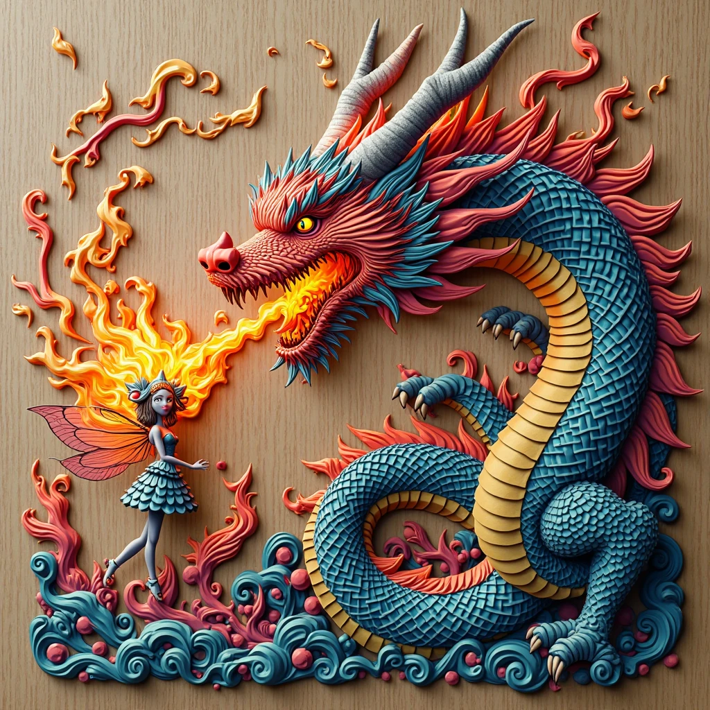 (best quality: 1.4), (masterpiece: 1.2), detailed, complex, high resolution, iridescent colors, A charming and fascinating creature with otherworldly forms that blend the best aspects of the monster human form and the innocent charm of a precocious child, scales, wings, blue, texture, complex, gorgeous, 3D, highly detailed, decorative style, Tim Burton, Dale Chihuly, Bruce Zheng, Cyril Rolando, H. R. Giger $plastic$ Grid: Real Lenoid afremov style, wet, fire