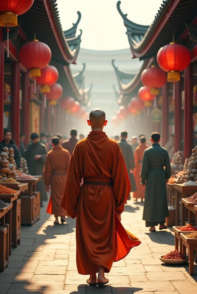 A young bald Chinese monk walks in a busy market in ancient times