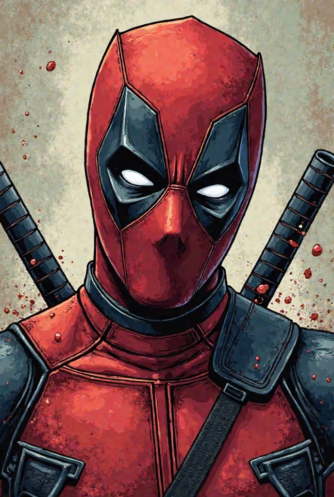 deadpool, detailed illustration, cinematic, coming out of a thick fog, facing the camera, highly detailed, hyper-realistic, 8k, masterpiece, professional, vivid colors, dramatic lighting, comic book style, intense expression, powerful pose, muscular body, wearing red and black costume, swords on back, gritty, moody, atmospheric