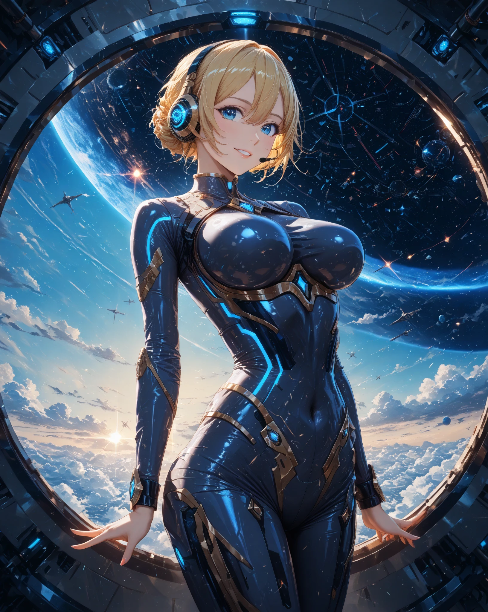 rear view, backside view, turning away, sandy hair, eyes are blue, fit body large breasts slender thighs slender waist pilot suit solo looking away from viewer, in space, long hair, blushing, determination, 8k, extreme detail,