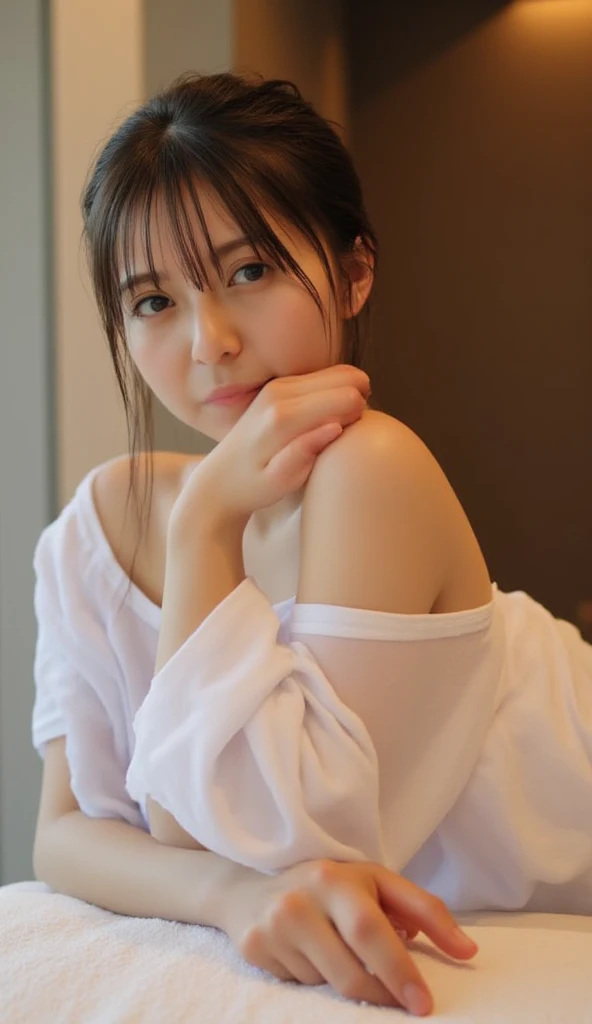 (Highest quality, 8K, masterpiece ), A 15-year-old junior high school student with a young face、Bun hairstyle:1.2、 bangs、The eyes are big and clear、Bra shows through shirt,Black Hair、Glaring、Very Short Hair、Big Breasts、bangs:0.6,Glamour thighs:1.2、Tight white training shirt、Highly detailed face, double eyelid, Strong natural light、Round face:1.2、whole body、Sexy thighs:1.2、round face:1.3、Side Angle,Diagonal horizontal angle:1.2、Tight shorts、On the bed、