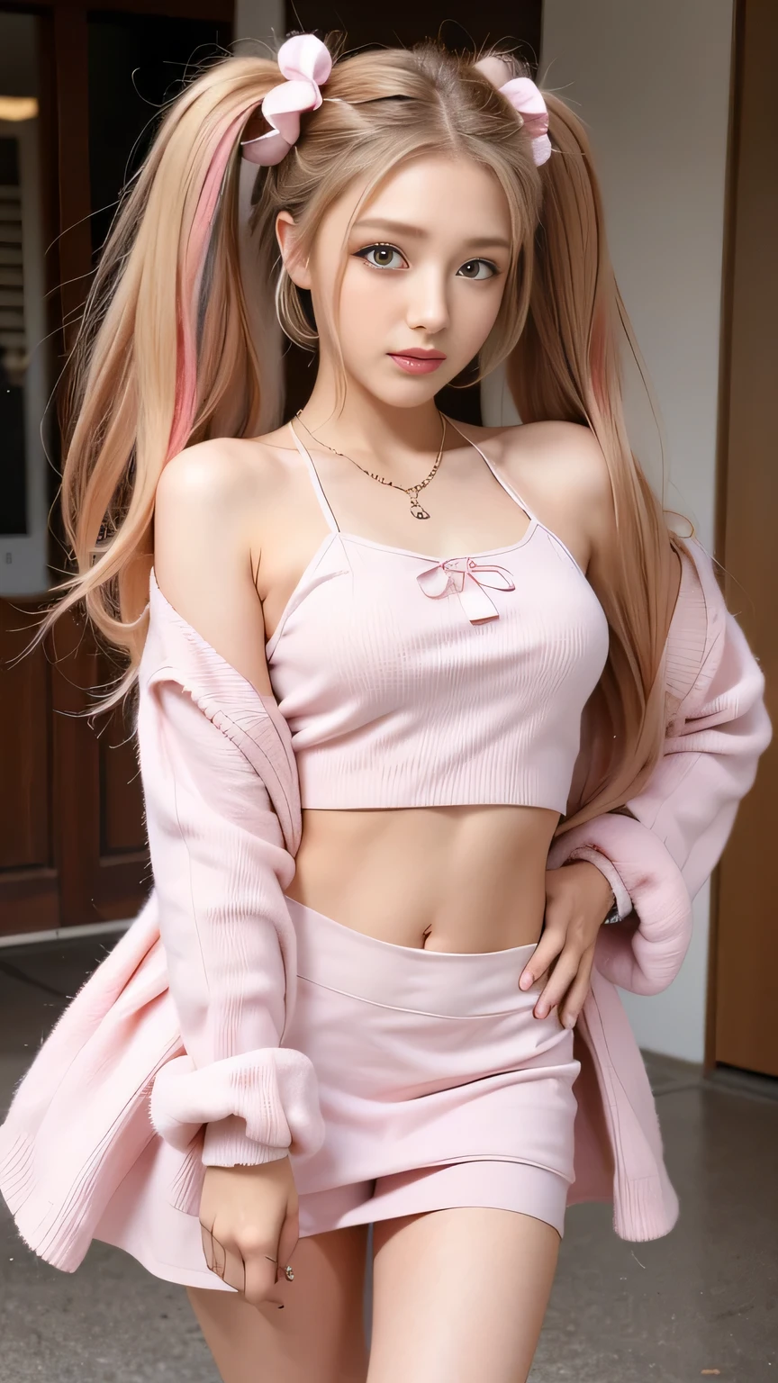 Shot with a top-of-the-line camera. highest quality, ultra-detailed, intricately detailed, high resolution, 8k, (very large breasts:1.3), (pink hair in twintails:1.3), cameltoe, wedgie, There is no fat on her stomach. Wearing very sexy pink String lingerie, she is sitting on the sheets of her bed at home. A youthful look of about 15 years old. Slim and well-proportioned, fair skin, her cleavage is visible, She is spreading her legs, showing her groin. 