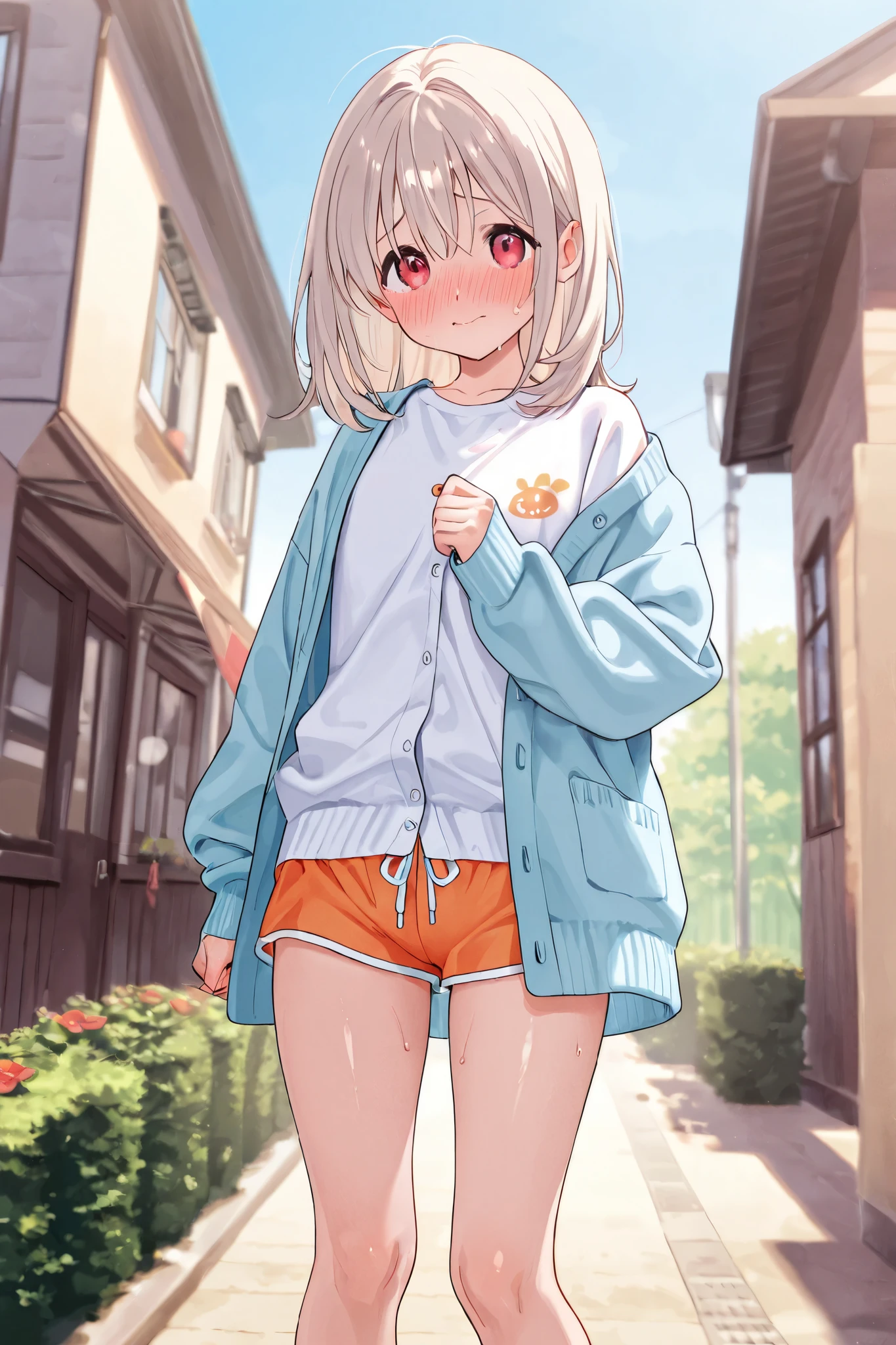 Anime girl in shorts and a blue jacket standing on a sidewalk - SeaArt AI