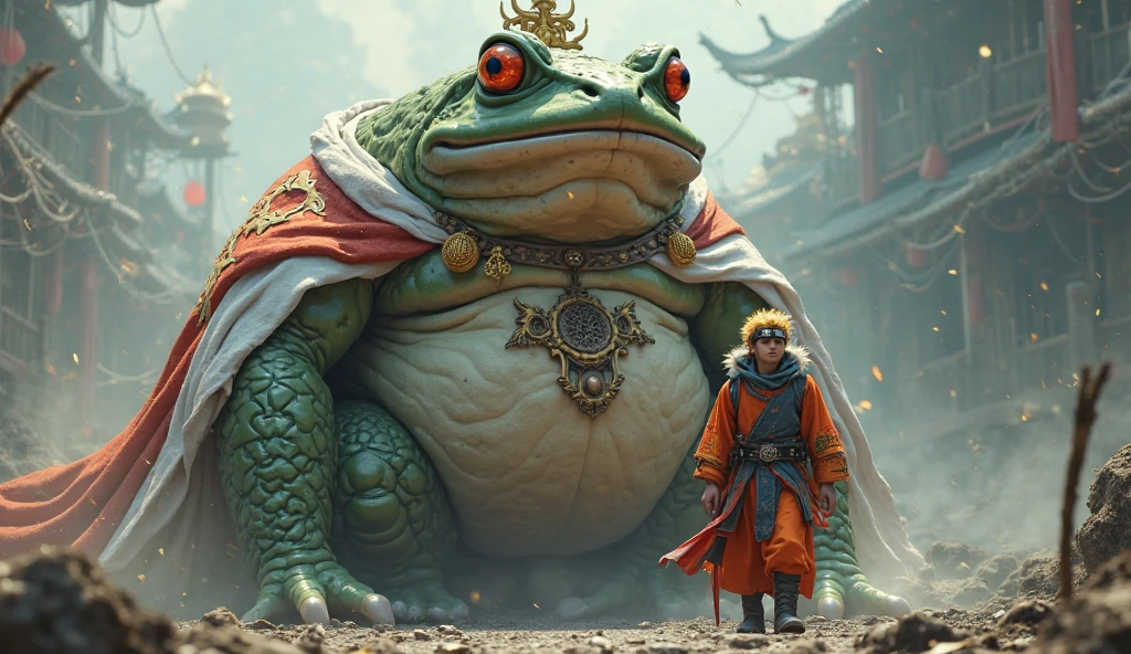 Auntie riding a chimaera, flying fluorescebt frogs, photorealistic psychedelic miyazaki, polaroid, retro dream ::1 a gigantic fluorescent sumo wrestler dances in the background ::3