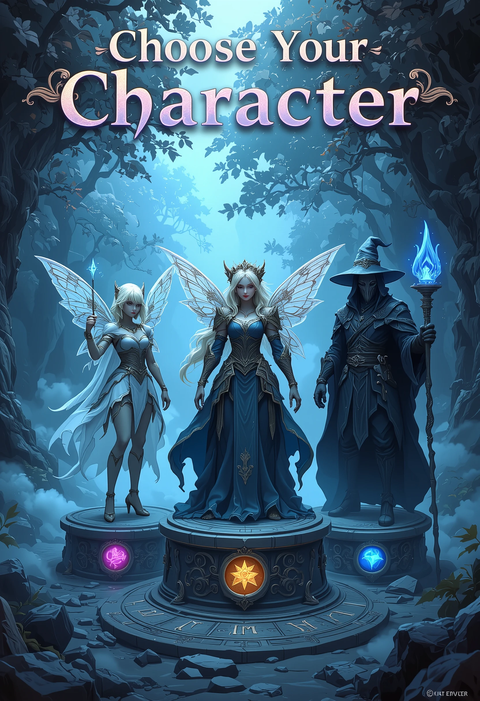 A character selection screen from a fantasy RPG. The inscription "Choose your character" is printed in white Gothic font at the top of the screen. In the center, three characters are depicted on the pedestals: A fairy - a beautiful girl in white clothes, under her the inscription "Fairy"; A princess- a sweet young girl in pink clothes, under her the inscription: "Princess"; A witch- a beautiful sinister woman in blue clothes, under her the inscription: "Witch"; Background: An enchanted forest shrouded in fog, glowing runes on the floor. Lighting: Each character is illuminated by colored spotlights matching their abilities. Used in the creation: fantasy game design, user interface elements, high-resolution textures, character graphics, 3D effects, bright colors, HD quality. 3D graphics, Unreal engine, diablo 4 style, PlayStation 5 graphics, Ray tracing, Final Fantasy style, JRPG, RTX