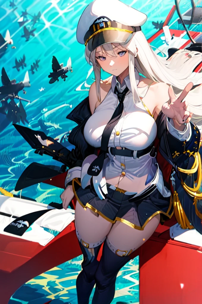 (1girl: 1.2), (sensitive: 1.1), (solo), (enterprise (azur lane)), (swimsuit), purple eyes, large breasts, pantyhose, one-piece swimsuit, cleavage, goggles, water, armpits, wading, white hair, goggles on head, thigh strap, black one-piece swimsuit, wetsuit, very long hair, zipper, clothing cutout, wet, meme attire, blue sky, bag, black pantyhose, arm up, highleg swimsuit, sidelocks, partially underwater shot, diving mask, detached sleeves,