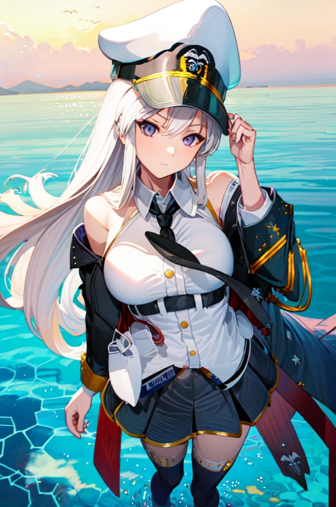 illustratio、(top-quality)、(((masterpiece)))、(Hi-Res)、Original、(1womanl)、A sexy、Thick、Big body、silber hair,Navy Uniform、Miniskirt,White cap,thighhigh,,(Sea),battleship