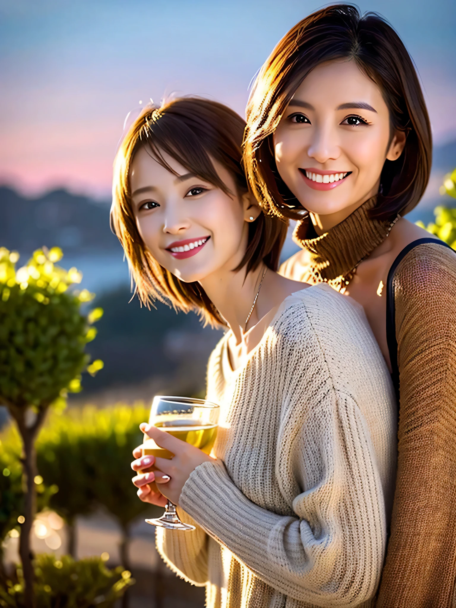 （Realistic:1.2）,(masterpiece,Highest quality)，8k,((2人のwoman)),40 years old,37 years old、Happy Couple、Wine Party、wine glass、White wine、sparkling wine、red wine、最高なsmile、Upper Body、Tight waist,Perfect Anatomy, Brown Hair, short hair,Random Hairstyles,Amazing view of the sunset sky and clouds、Long sleeve shirt、dress,((Highly detailed face and eyes:1.2))(Cute Face:1.4)，Beautiful actress face，Perfect golden ratio face，woman&#39;suit、Nice,(smile:1.2)、