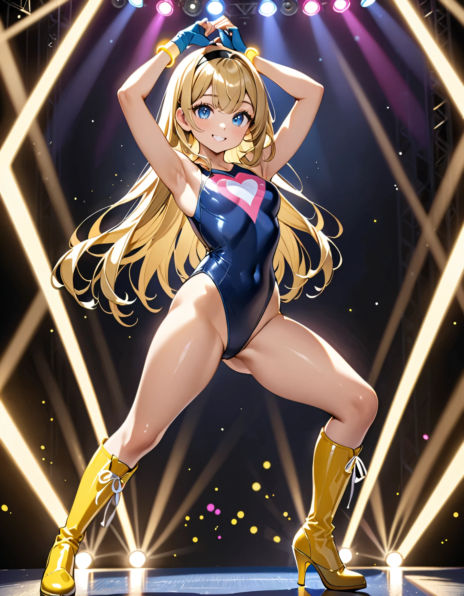 masterpiece, best quality, 1girl, ((bangs, blonde hair, armpit-length hair)), ((black headband)), blue eyes, beautiful detailed eyes, beautiful detailed face, cute face, perfect hands, complete fingers, perfect anatomy, perfect proportions, ((leotard, gymnastics leotard, dark blue leotard)), ((boots, yellow boots, yellow footwear, high heels)), breasts, medium breasts, covered navel, ((blue fingerless gloves, yellow bracelets)), (full body portrait), hand on hip, hands on hips, ((pink heart logo on chest)), (stage lights), looking at viewer, smile, :d, solo, solo focus, standing, body infused with yellow aura, cowboy shot