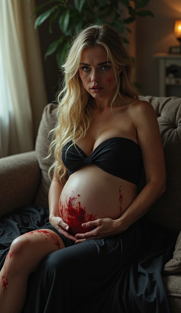 light platinum blonde of Caucasian appearance, detailed face, dressed in lingerie and straps, collar, strong powerful abdominal muscles, bright makeup, beautiful lightning lies on the space station in bed . very thin waist, euphoric and tired facial expression with mouth wide open, big , figure with curves,bloody birth through the belly to the outside,