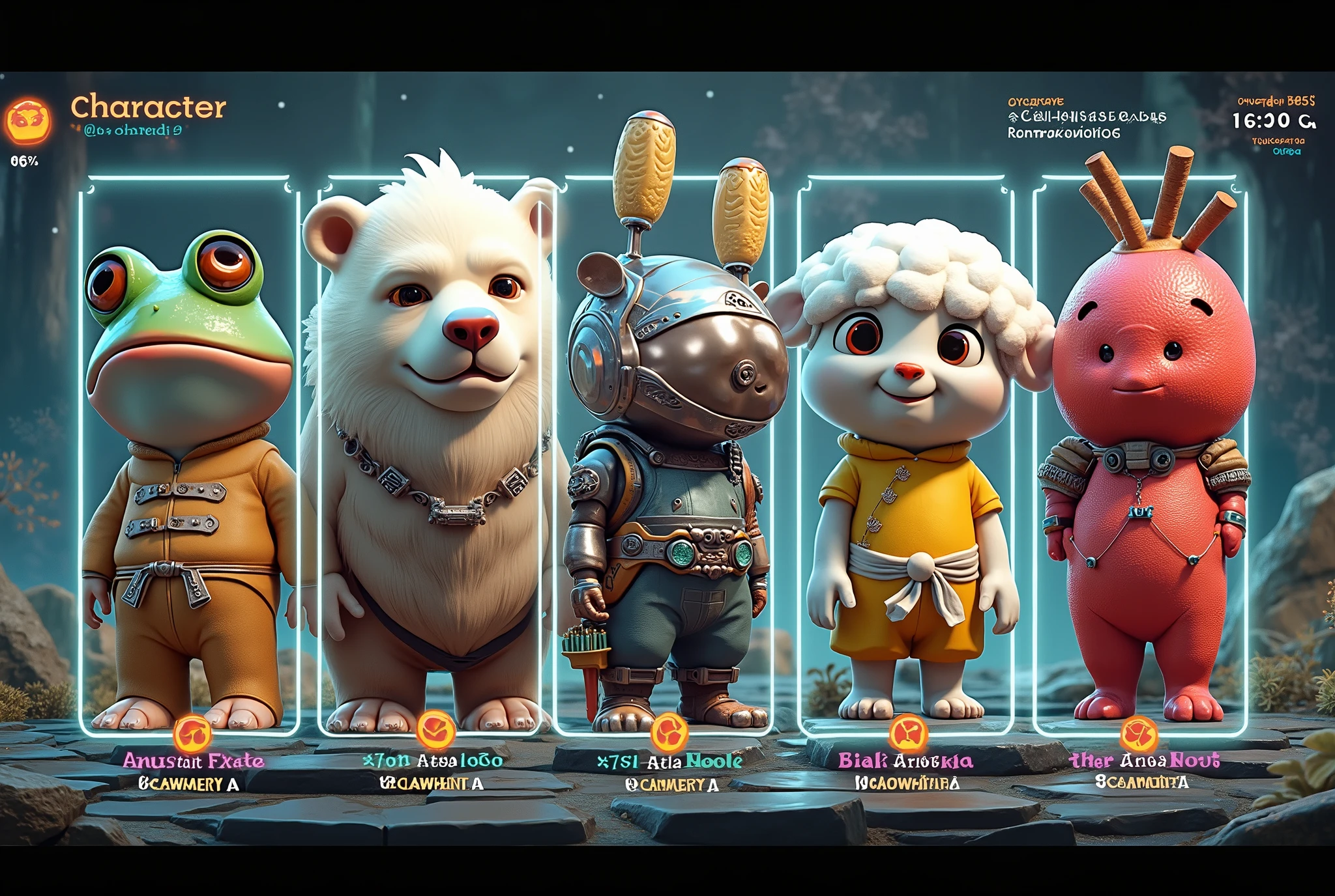 Game characters selection screen, retro future sci-fi style ui, frog, white lion, bear, mechanical 羊 robot character, yellow samurai, strawberry character, detailed game, game characters in multiple frames, in tv, 3D rendering, realistic, text information,