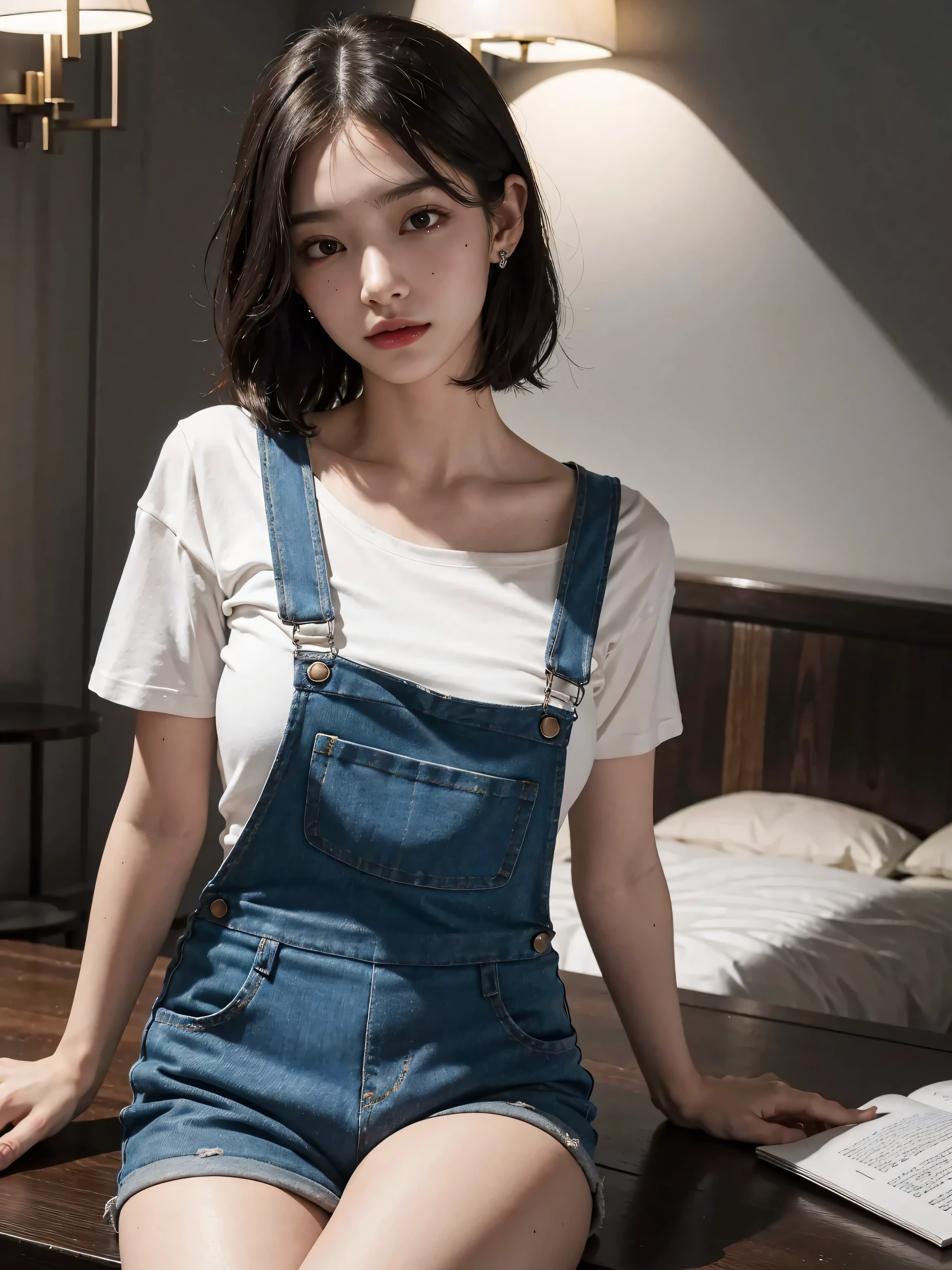 The Arad woman sat in a chair in the room，There was a table and a chair, Blue overalls, artist wearing overalls, Gorgeous young Korean woman, korean women's fashion model, Wearing overalls, cute girl wearing tank suit, photo of slim girl model, beautiful Korean women, Korean girl, wearing blue jean overalls, wearing dirty overalls，reality,offcial art,8K quality,Super detail,fine detail skin,Movie Angle,cinematic textures,Movie lighting,Masterpiece,Best picture quality,deepshadow