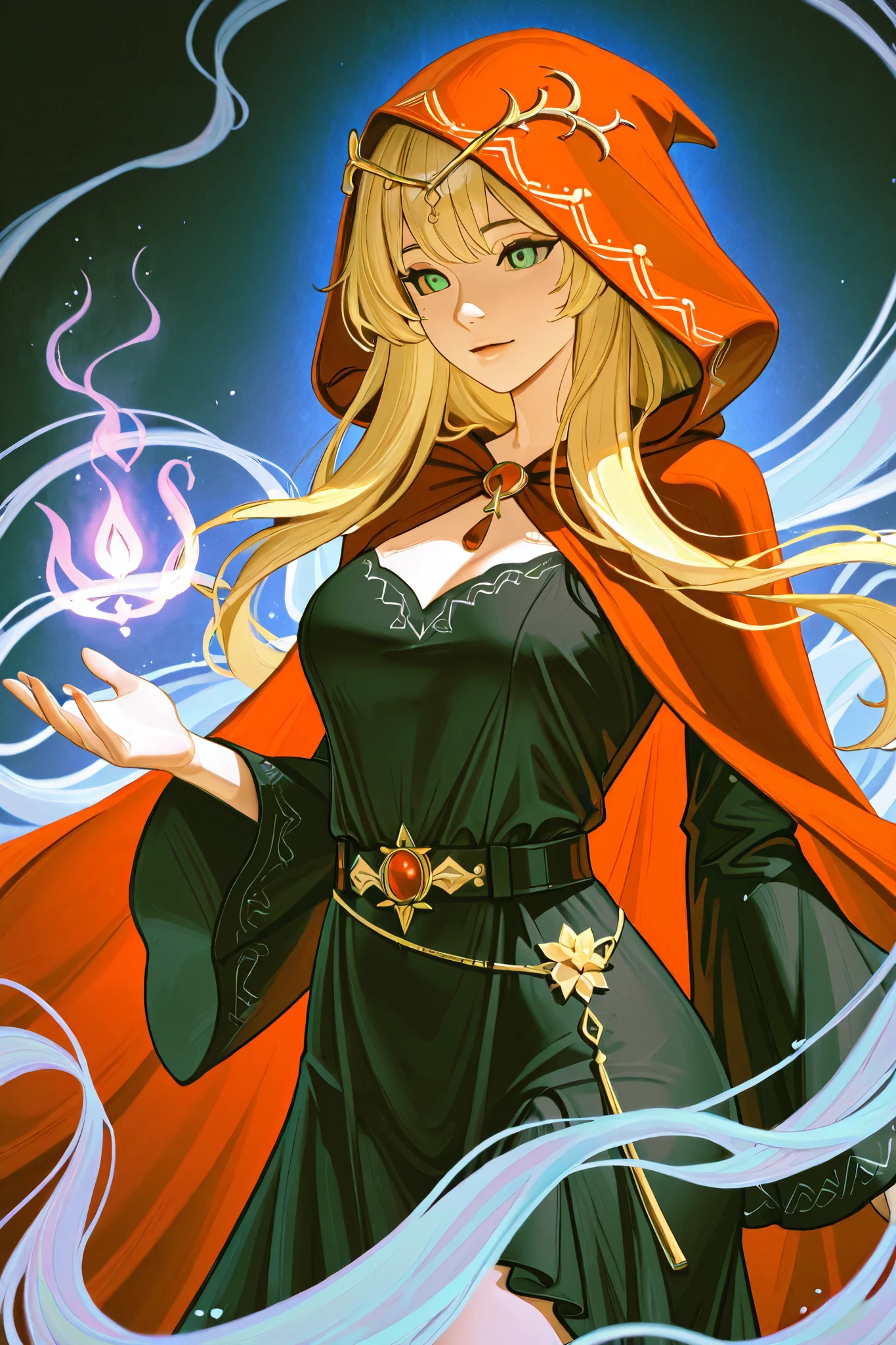 A blonde-haired girl with emerald eyes, her hair falling in soft waves, contrasting with a deep scarlet hood.Clothing: a long red cloak with a hood, under it - a black dress with narrow sleeves and a belt stitched in red at the ends.Aura: surrounded by a thin, shimmering mist of magical perfume. They exude a graceful, ethereal fragrance.