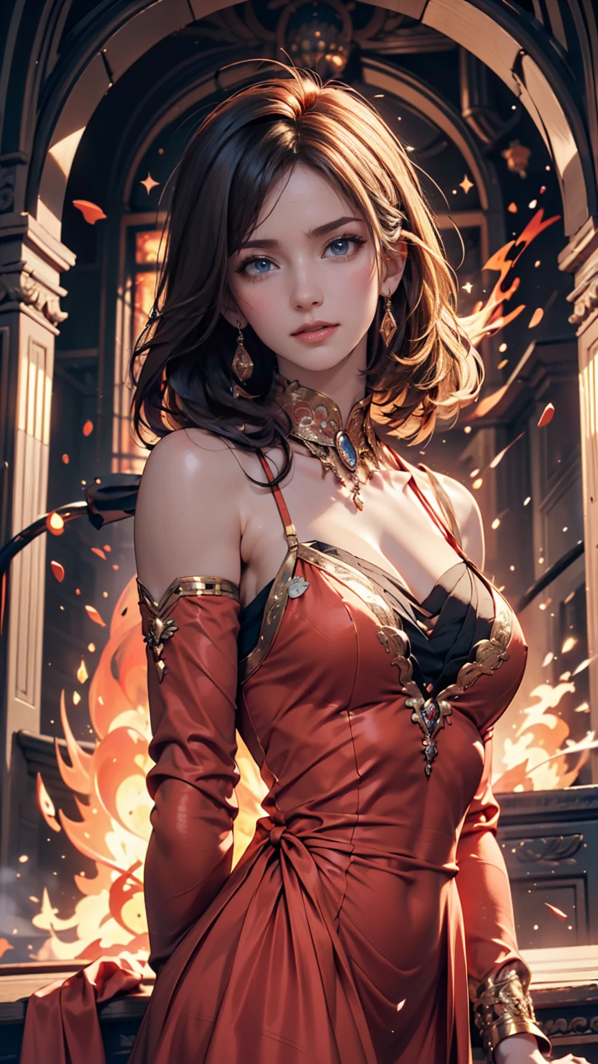(Top Quality), ((Masterpiece)), (Photorealistic Stick: 1.2), (Sharp Focus), Fantasy Art, Dream World, 1girl, Red, Goddess of Fire, Round Face, Perfect Face, ((Rising Flames) )), ((dancing in the flames)), ((violent dance)), (powerful pose, changing poses,), firebird, firebird feathers, all red, accurate Anatomy body and hands, four fingers and one thumb, big breasts, cowboy shot, perfect proportions, huge breasts, small waist, navel, crotch gap, thighs, staring, fixed eyes, exposed naked Shoulders, exquisite hands, big flames dancing, light particles, halation, full of energy, colorful colors, (depth field: 1.3), perspective, light on the face,