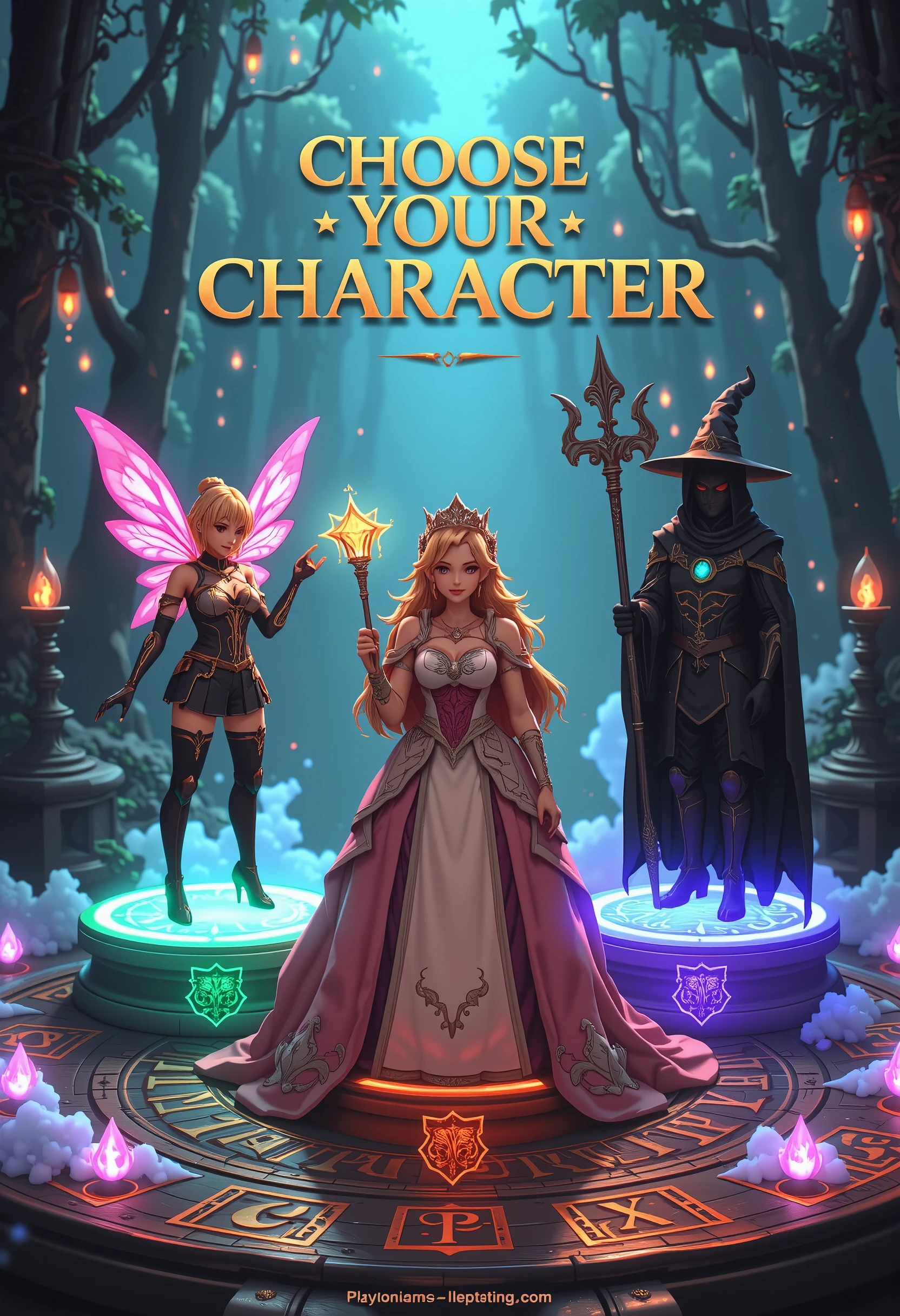A character selection screen from a fantasy RPG. The inscription "Choose your character" is printed in white Gothic font at the top of the screen. In the center, three characters are depicted on the pedestals: A fairy - a beautiful girl in white clothes, under her the inscription "Fairy"; A princess- a sweet young girl in pink clothes, under her the inscription: "Princess"; A witch- a beautiful sinister woman in blue clothes, under her the inscription: "Witch"; Background: An enchanted forest shrouded in fog, glowing runes on the floor. Lighting: Each character is illuminated by colored spotlights matching their abilities. Used in the creation: fantasy game design, user interface elements, high-resolution textures, character graphics, 3D effects, bright colors, HD quality. 3D graphics, Unreal engine, diablo 4 style, PlayStation 5 graphics, Ray tracing, Final Fantasy style, JRPG, RTX