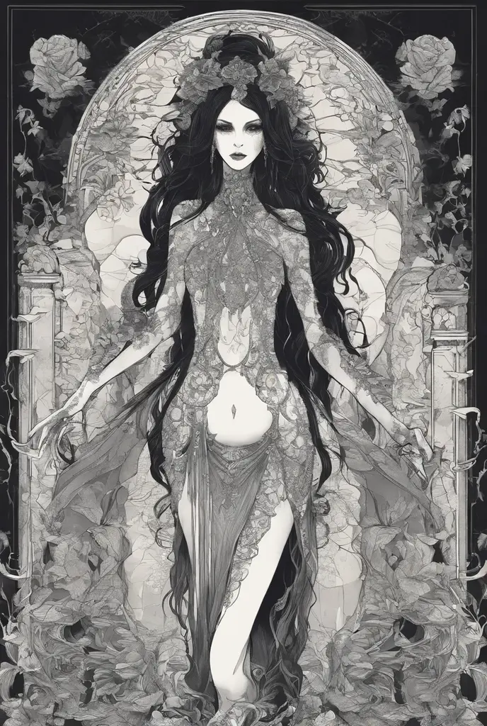 beautiful woman Full body scary Water fae humanoid being with gills and webbed fingers and sharp . Dark long hair. Black eyes. Thin and bone-thin.