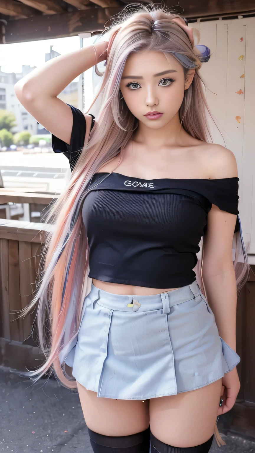 21yo girl,(Sly smile, narrowed eyes, and finger placed over lips),green hair,long hair, high ponytail with bangs framing her face, wearing oversize white t-shirt, hot pants, natural big breast, show big thigh, plump body. single sidelock hairpin blush modern cinematic lighting,ray tracing,drop shadow wide shot UHD,textured skin,high details,best quality 4K, (from below:1.5), (realistic:1.1), (surreal:1.2), (very detailed:1.1)