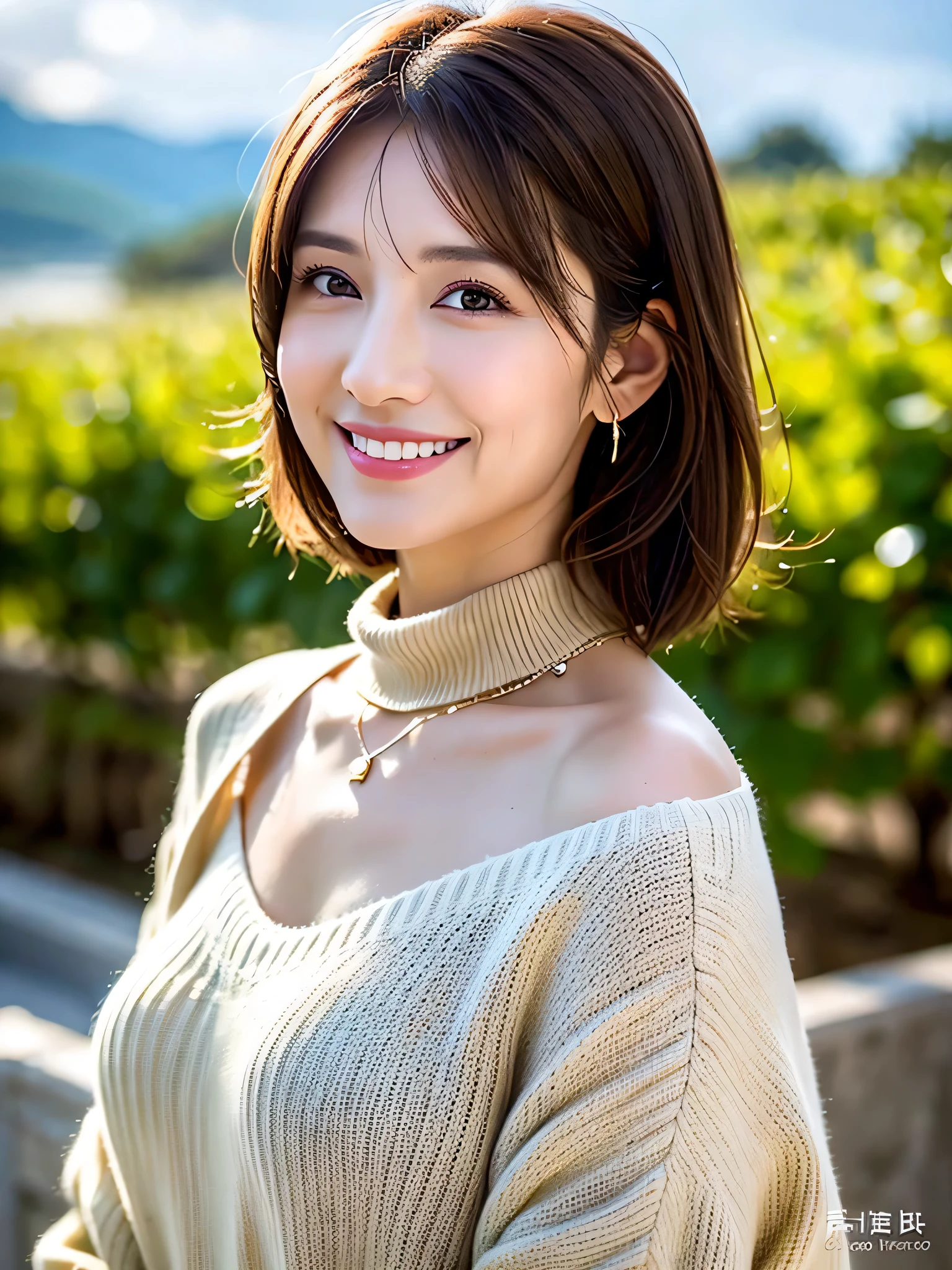((White Wine)),(( wine glasses)),(realistic, superrealistic:1.4),,((White Wine)),(( wine glasses)),(top quality , 8k , 32K , masterpiece , super high definition of the front hair :1 . 2) , pictures of beautiful Japanese women , very short bob hair , sweater , necklaces ,from above , watch the audience ,Age 35,Age 33, Japanese Beauty ,shortcuts,so beautiful, turtleneck dress、happy smile、 short hair, best smile、slim couple、Model Couple, Stunning views of the twilight sky and clouds, DSLR camera with your hands hidden ,detailed background, UseVolume Lighting,sit in an outdoor chair without hiding your body、sharp concentration, super realistic skin, so beautiful expression , cloud effect :1.2、Professional high image quality、top quality, slender body ,High quality face,DETAIL EYES, beautiful lips, SUPERIOR LIGHT PARTICLE ,(RAW photo), (realistic), (masterpiece), (top quality), ( Volume Light ), portraits ,brown hair, beautiful eyes, Order Order, so beautiful眉毛, very beautiful skin, so beautiful mouth, so beautiful鼻,happy smile