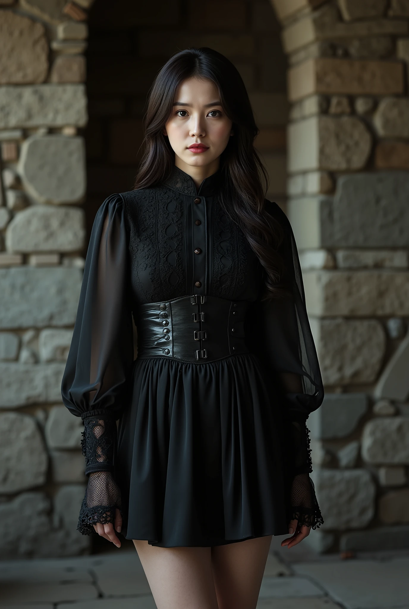 Create a stunning portrait of a beautiful Japanese idol in a gothic mini dress with gothic make-up. She should have semi-long hair, a slender body type, small breasts, and thin legs. The background should evoke a stone room in an old castle. Use cinematic lighting to enhance the overall aesthetic.