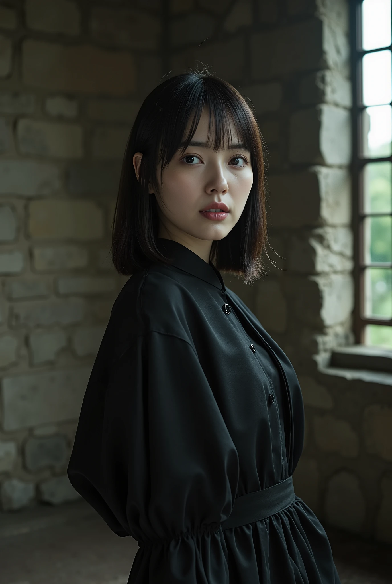 Create a stunning portrait of a beautiful Japanese idol in a gothic mini dress with gothic make-up. She should have semi-long hair, a slender body type, small breasts, and thin legs. The background should evoke a stone room in an old castle. Use cinematic lighting to enhance the overall aesthetic.