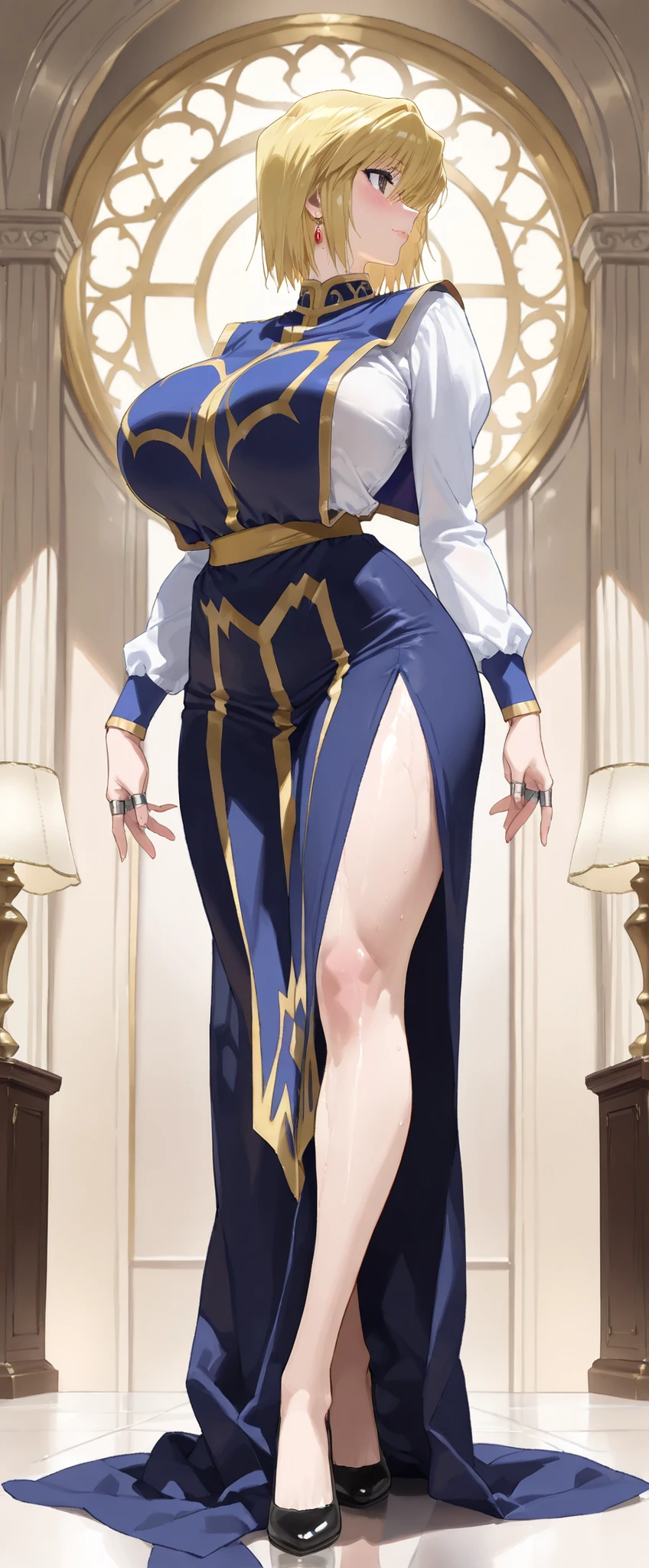 ( best quality , 8k , masterpiece , incredibly absurdres , beautiful woman , perfect body , super detailed skin , highly detailed eyes and face ),( best quality , 8k , masterpiece , incredibly absurdres , beautiful woman , perfect body , super detailed skin , highly detailed eyes and face ) ,light smile, beautiful shiny lips, full body, (best quality,4k,8k,highres,masterpiece:1.2),ultra-detailed,intricate details, high fashion, dramatic lighting, warm colors, chiaroscuro, beautiful eyes,long eyelashes, fleshy lips, large_breasts, mature_female, blush,huge_breasts, bob hair, japanese, stunning,stylish, perfect breasts,large breasts)), fit,pale skin,seductive face, ,Kurapika, blonde hair, long legs, very large breasts, long breasts, saggy breasts,masterpiece, Muscular、(sexy)、Sweaty,Anime-style painting style,(shiny oiled skin),earrings glossy lips,skin fit, erotic lips, (focus on woman), ,simple clothess, blue tabard, ((gold trim)), white shirt, long sleeves, balloon skirt, blue skirt, ((simple yellow wide waist belt),gray eyes,hotel lobby reception,turn to the side,profile,side view,Serious expression,,five rings on the right hand,Serious expression