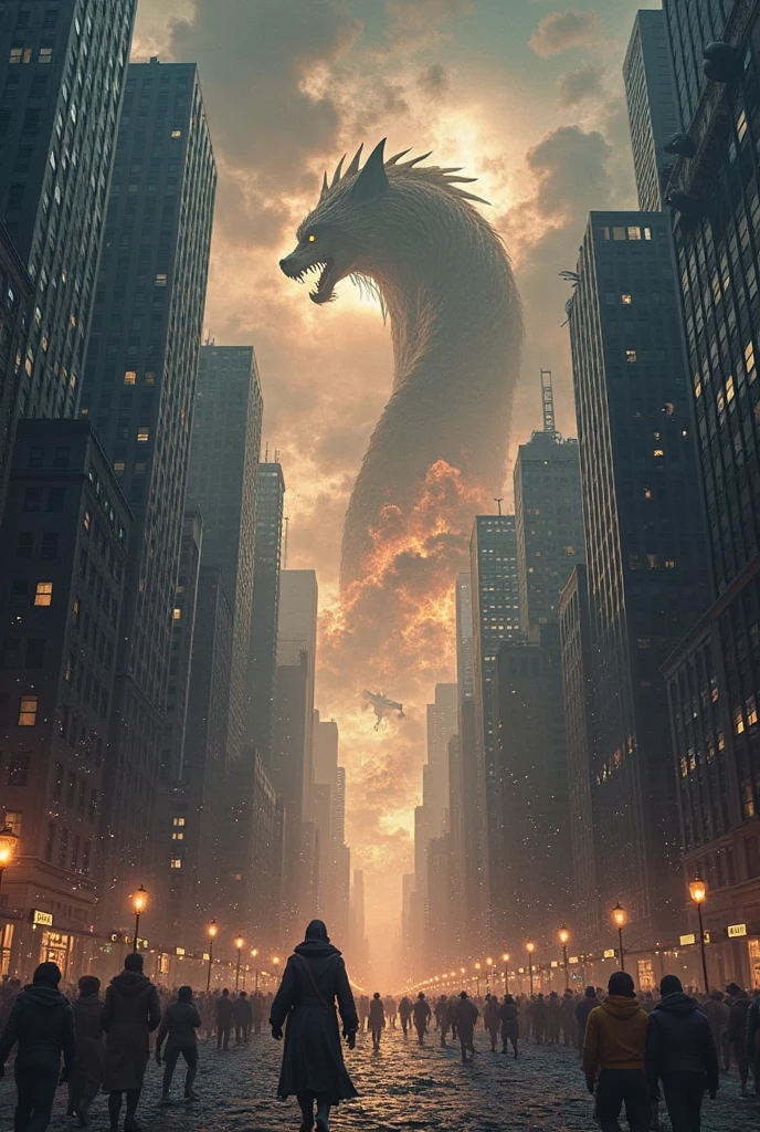 "Silhouette of a man on cliff edge, witnessing city destruction by a towering monster. Cinematic, dramatic, dynamic shot." --auto