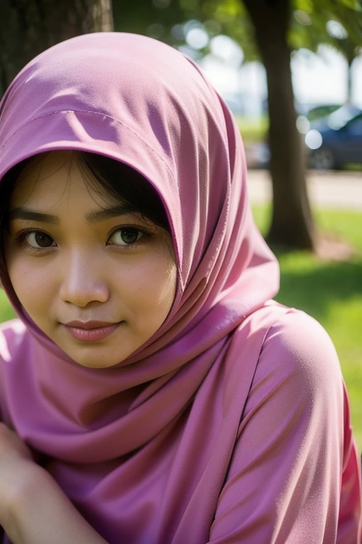 ((best quality)), ((masterpiece)), (detailed), perfect face, A 26 years old malay lady, wear white hijab and pink kurung at park,