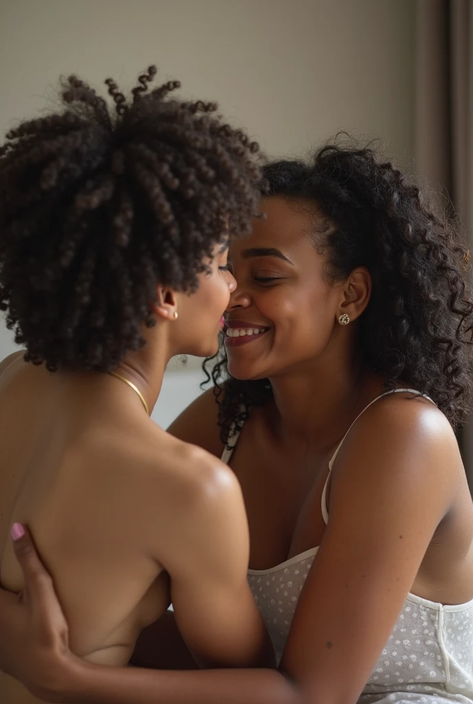 Beautiful Lighting, (1girl: curly hair, short hair),  black choker, tan skin, freckles, twoheads, in bed, laying on back, full body, ((heads looking at each other, eye contact with each other, shocked reactions)),