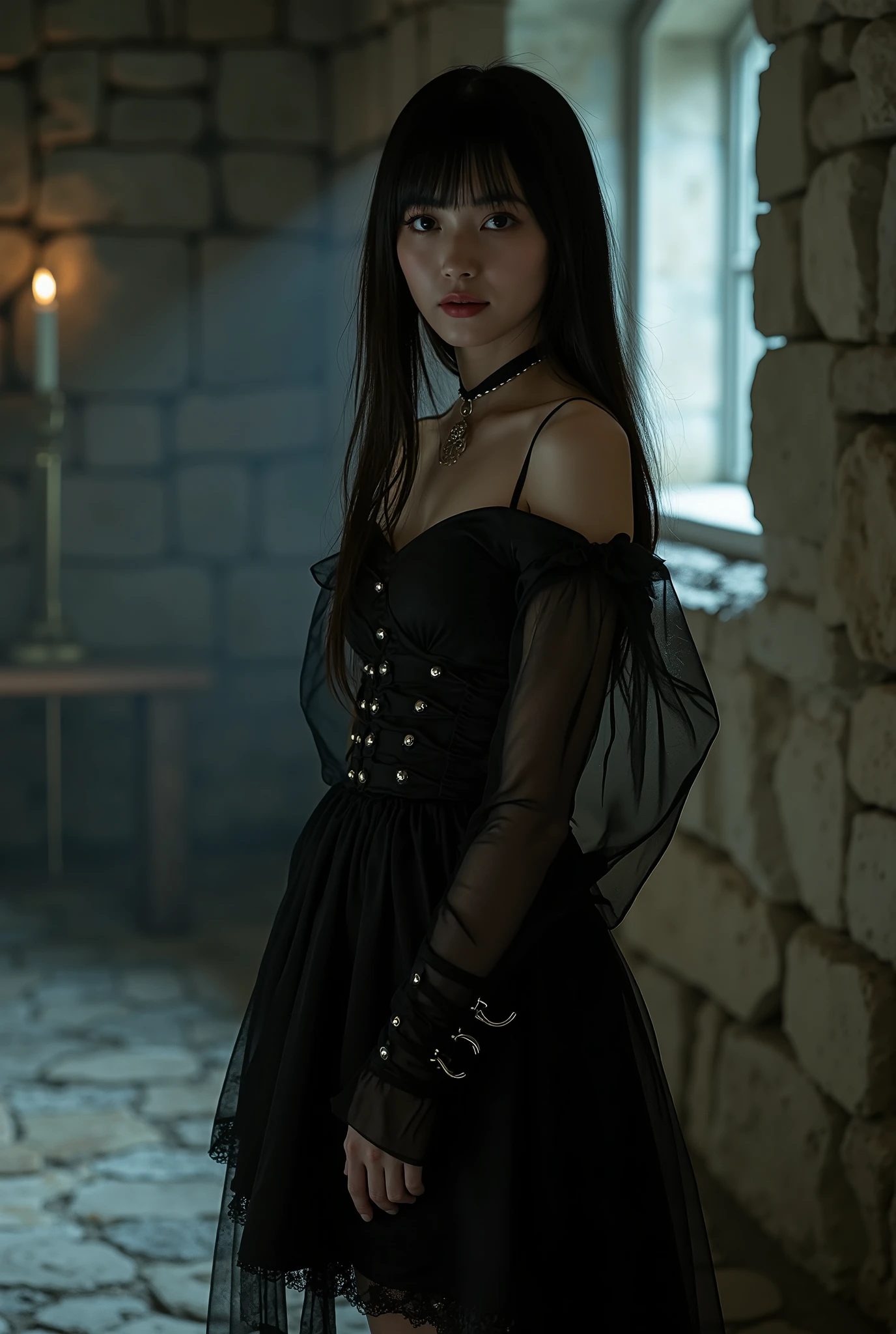 Create a stunning portrait of a beautiful Japanese idol in a gothic mini dress with gothic make-up. She should have semi-long hair, a slender body type, small breasts, and thin legs. The background should evoke a stone room in an old castle. Use cinematic lighting to enhance the overall aesthetic.