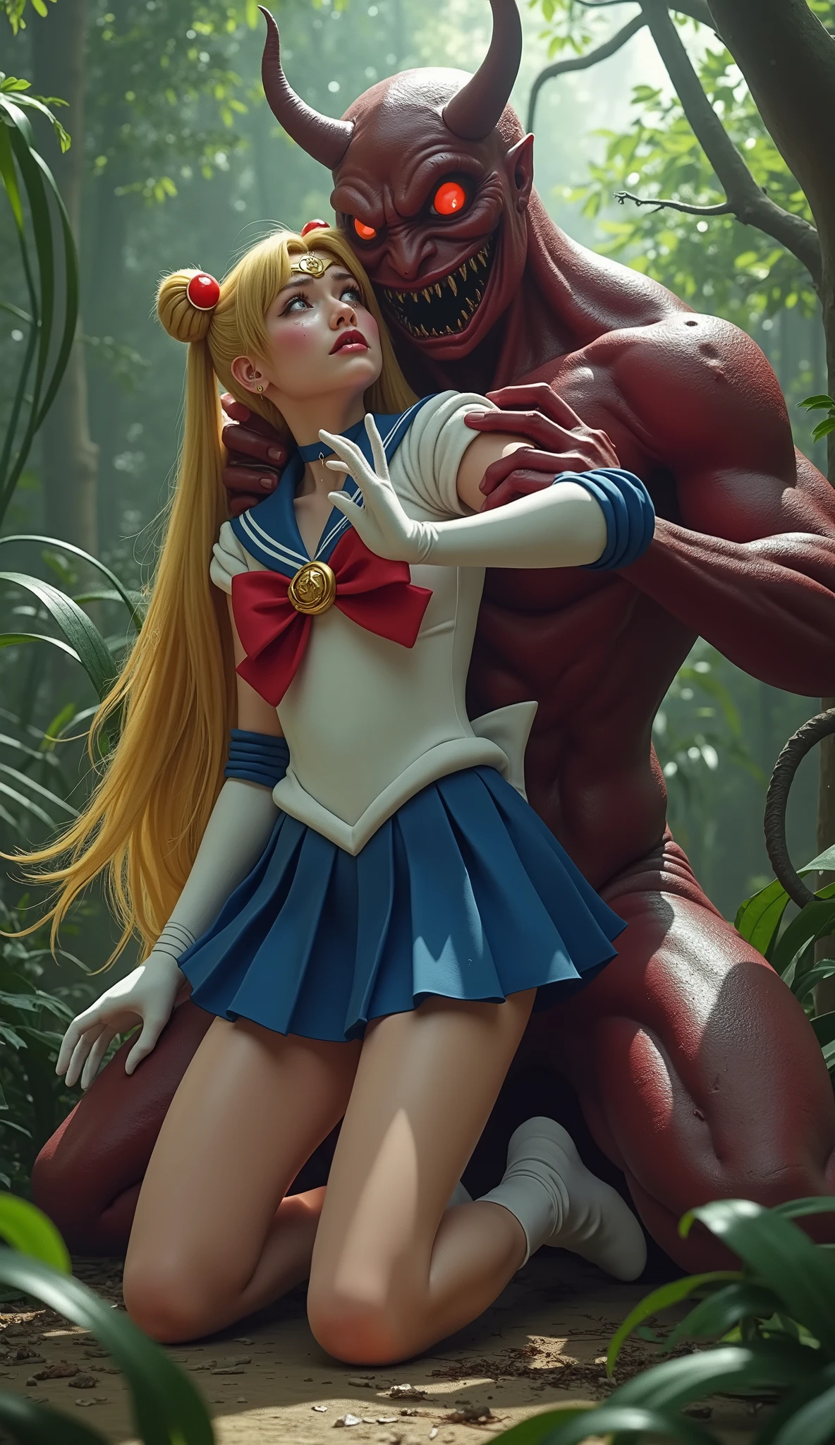 Hyperrealism, masterpiece, highest quality, A young Japanese woman is kneeling face to a tall devil, ((she is crying and screaming in pain)), tears from her eyes, painful face, she is wearing a Sailor Moon costume, Blue sailor collar, Blue short mini pleated skirt, she is wearing a very short blue mini pleated skirt, (upskirt), Long white gloves, shiny beige color pantyhose, Exposed thighs, red long boots, big choker, long blonde Hair, (a tall devil is standing in front of her face), his crotch is on her face, the devil is holding her head tightly and push his private part into her mouth, in the jungle,