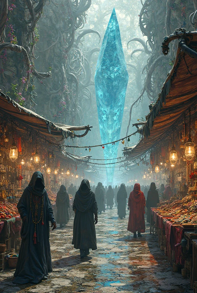 All sort of hundreds of strange alien creatures by Hieronymus Bosch. mystical Market Place festival. A lively marketplace in Star Wars movie style photography, with alien people bustling about, stalls with a variety of goods, and a warm atmosphere at desert planet.