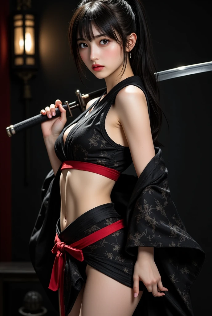 1 girl, sexy, beautiful samurai, katana, samurai, muscular abs, navel, fantasy, sensual, cropped corset goth top, goth girl, sexy, deep navel, goth makeup, armpit, action pose, fighting