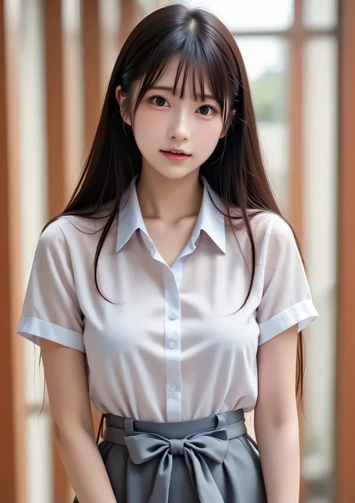 8K、Detailed Description、Very high definition、Realistic、reality的、Real、live-action、reality、High resolution、Nogizaka46、japanese idol,beautiful girl、21 years old、Standing on the windowsill、Angle from left side、profile、Turn your body towards the window、Looking at the window、Looking out the window、A face is reflected in the window、A melancholic look、Mouth closed、Long Hair、Headband、Knee-up-top angle of view、School、Standing by the window、Short sleeve shirt、Beige plaid skirt、Very black hair、pretty girl、Beauty、Glowing Skin、Glowing Skin、Shiny Hair、Very white skin、Heavy makeup、Large Breasts、Slit eyes、Big Eyes、Double eyelids、Don't show your teeth、Side view angle、