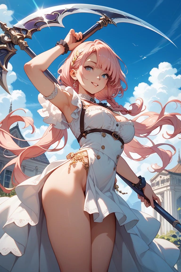 Erotic、masterpiece, Highest quality, High resolution, hmpa1, pink, Parted bangs, tiara, Big Tits, necklace, Exposing shoulders, Strapless Dress, Arm guard, belt, White Dress, White knee socks, Single knee socks, Outdoor, holding staff, staff, Hold a shield,Erotic、Alluring