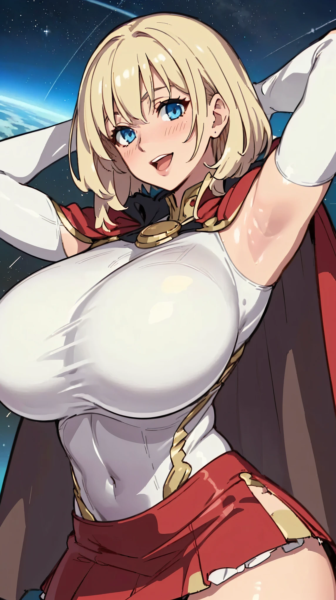masterpiece, best quality, pwrgirl, cape, leotard, cleavage cutout, long sleeves, blue gloves, red belt, huge breasts, city, looking at viewer, :D, furrowed brow, 1boy, hetero, penis, titfuck