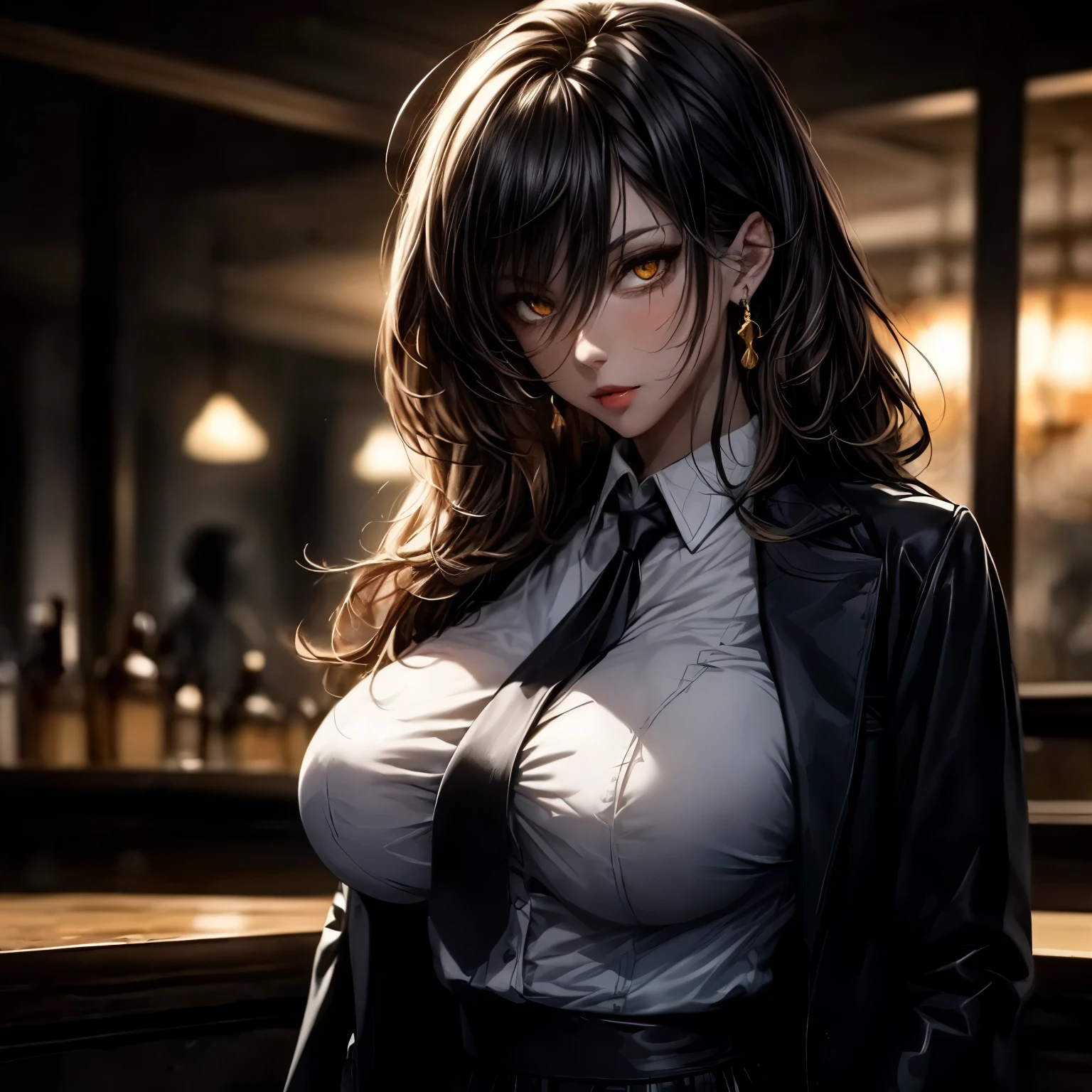 ((best quality)), ((Masterpiece)), ((Enrich the picture,Masterpiece level quality)), golden hair, long hair, very big breasts, golden eyes, fierce woman, mafia boss, eyes details, best quality, street fashion, RAW 4K, Realistically, ( cinematic lighting, moody, textile shading), perfect proportions, ultra detailed, volumetric lighting, soft lighting, glossy skin, beautiful face, Special face details, strong emotions, elegant gesture, Detailed facial features, Long eyelashes, contrast, great details, Incredible atmosphere, Fascinating setting, Haunting beauty , sexy mini white shirt, mafia suit, necktie, mini black skirt, luxury bar,