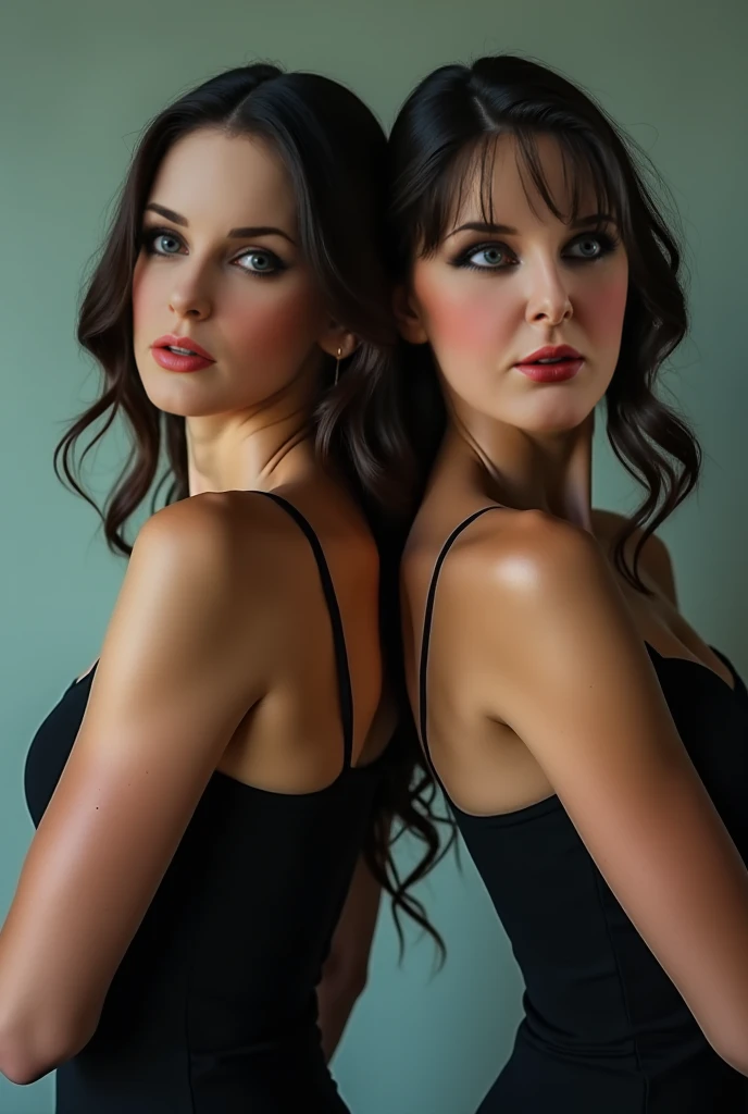 Sexy brunette woman and elegant beautiful dark blonde standing back to back big breasts