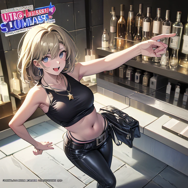 Curvy anime girl dancing at a nightclub in a latex tight dress. Curvy, tight dress, thick thighs, stomach bump, confidence, beautiful. Dress is black, and goes to her mid thighs, making a small crease in her thighs, the neckline dips low to show under, and the sleeves are spaghetti strap. The background is detailed, you can not see other characters but the room is dark except for some bright colored lights reflecting onto the latex.