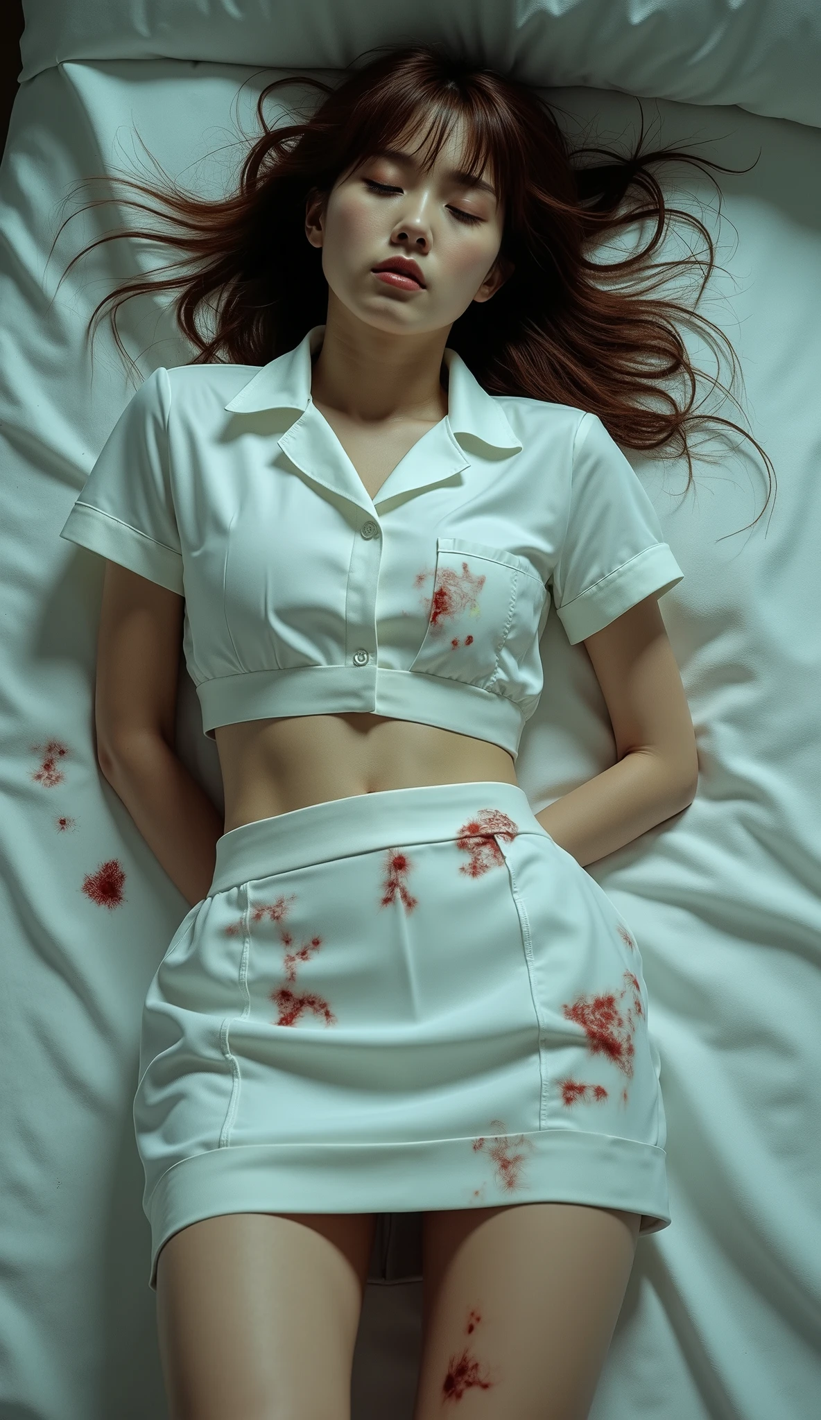 A pretty Japanese nurse is laying unconscious on the bed, bound wrists behind your back, eyes close, very bright white skin, brown spread hair, natural bang, cum on face, cum on her fore head, cum on skirt, cum on her thighs, wearing a white nurse uniform, tight short skirt, eye close, photorealistic, hyperrealism, whole body from head to feet,
