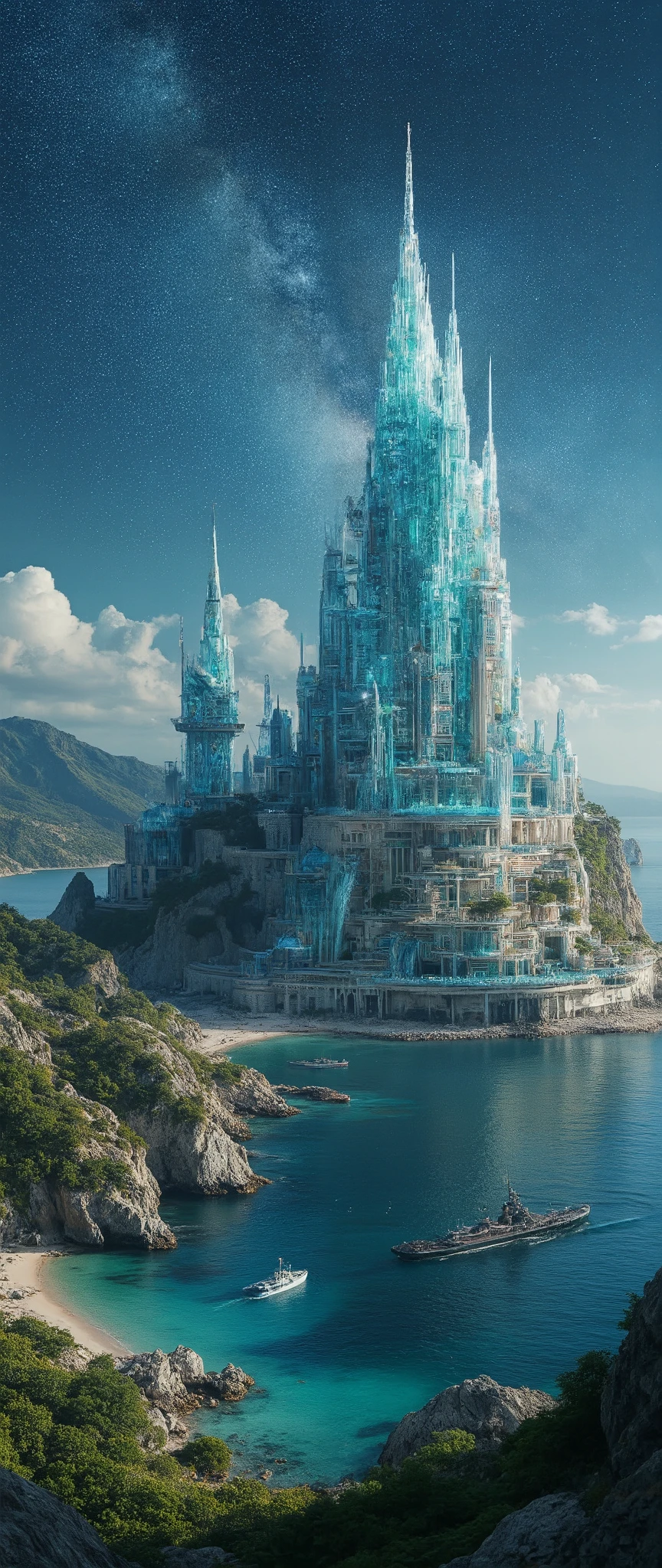 There is a castle on a small island in the middle of the ocean - SeaArt AI