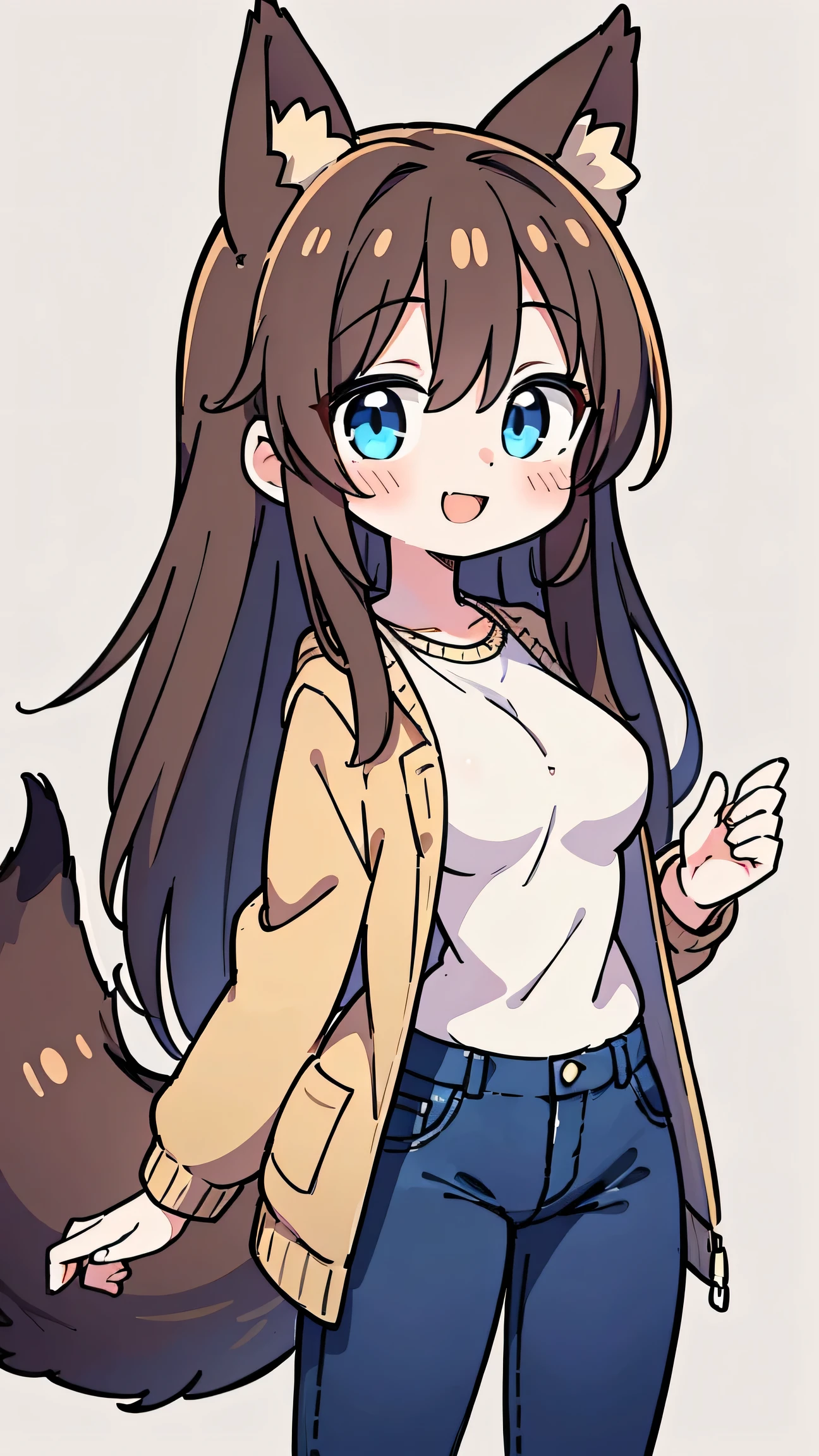anime style、 cute face、 woman、 fox ears、brown hair、tail、 blue eyes、 long hair、 beige jacket 、jeans、simple background、smile、