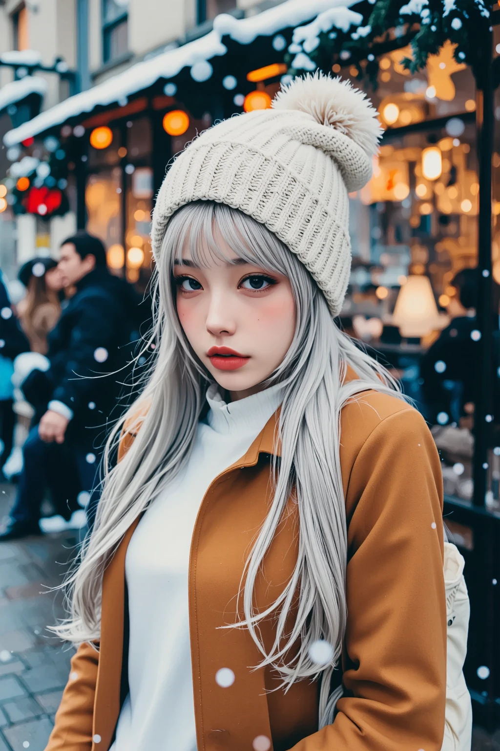 stand in front of the Christmas show window, japanese woman, Winter fashion, knit hat, snowing,pupils sparkling, silver long hair, depth of field, f/1.8, anatomically correct, textured skin, super detail, high details, high quality, super detail, high details, high quality, best quality, highres