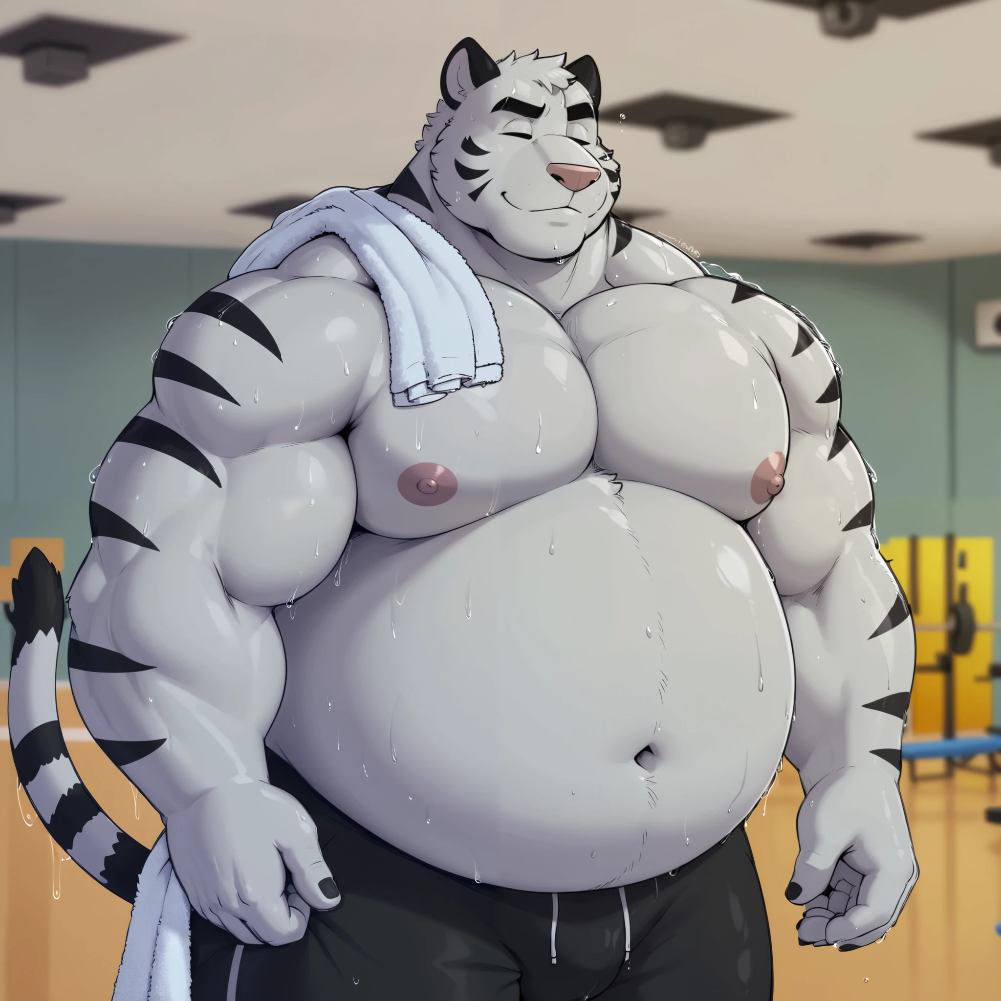 axel cosmas , solo, towel on shoulder,black shorts plump, huge, gym background, nipples, big fat belly, big ass, eyes shut, standing, 5 fingers, musclegut body, lineart, normal eyes, wet body, macro body, massive body, huge pecs, very wide