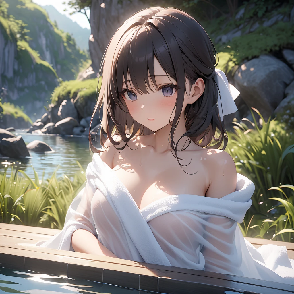 (masterpiece:1.2, Highest quality), one naked girl, ((Fairy)), White silk, sorrow, (no panties), looking at viewer, in forest, waterfall