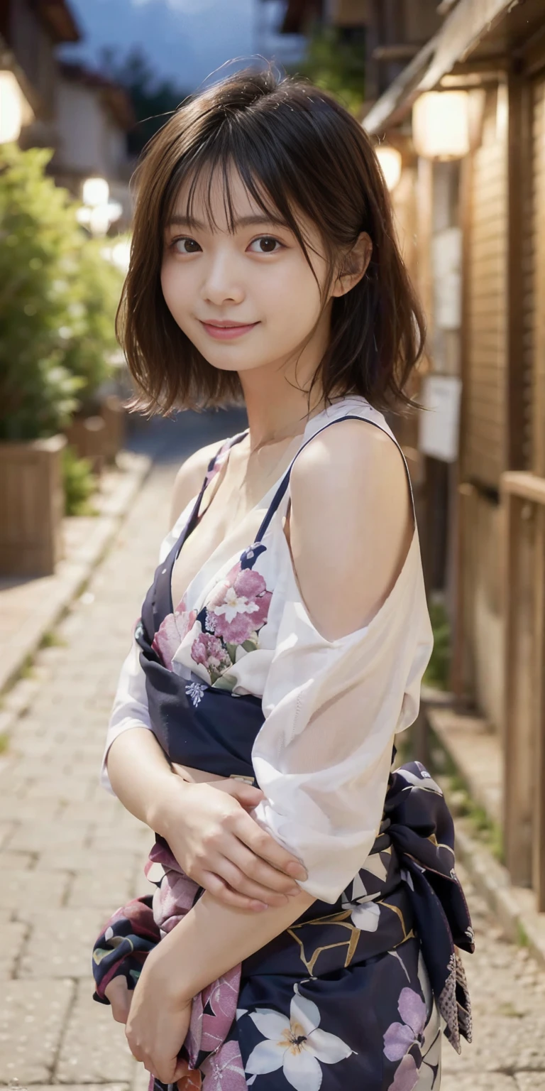 masterpiece, Highest quality,16K, Ultra-high resolution,The light and shadow of reality,Cinema Lenses,((Very skinny)),((Her waist is so slim and beautiful)),((High nose、Small Mouth)),((Clean and slim face line)),((Big dark eyes with long eyelashes)),((Very small face))((Very slim and beautiful arms)),((She is very slim and has a great figure)),((Pure white beautiful skin)),((Cute Japanese Girls)),(((Pink floral dress、yukata))),((Sitting on a bench in a stylish cafe)),(Beautiful Eyes:1.1),Reflecting clear eyes and a gentle smile,