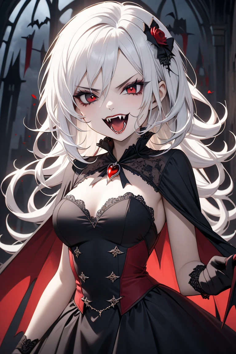 Bat girl,White hair,red eyes,Solo,portrait,Cleavage, fang vampire,Black Cape,masterpiece, best quality, very aesthetic, absurdres masterpiece, best quality, very aesthetic, absurdres masterpiece, best quality, very aesthetic, absurdres,looking at viewer,