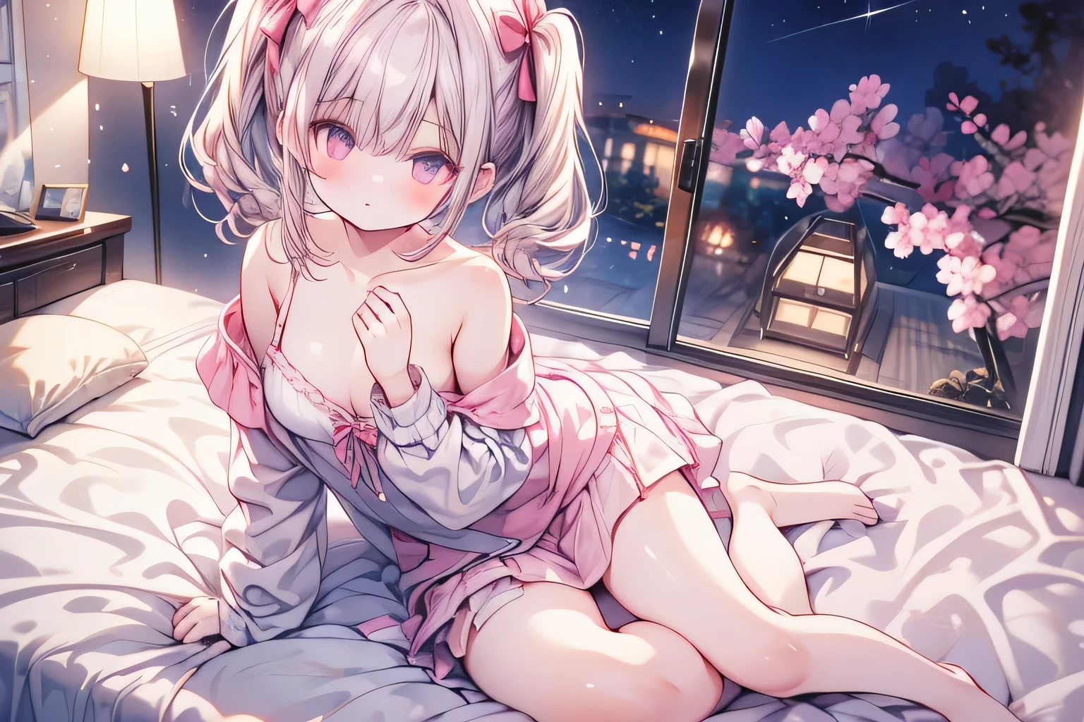 beautiful cute girl,(pinkbeige silver hair:1.2),,(purplered eyes:1.2),((Flower summer nightwear:1.2)),((lace:1.2)),(首を傾げる:1.3), (crawl on all fours face down:1.15),(open your mouth:1.1),smile,close-up Face,(Starlight bed:1.25),((Vagina SEX:1.1)).