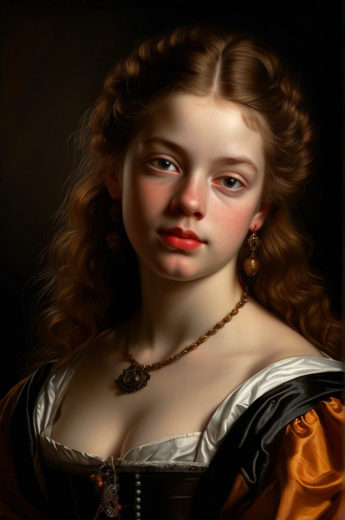 Beautiful girl, Shining gaze, Beautiful eyes, , five fingers, golden ratio, ((Diego Velazquez style)), gloomy Renaissance, dark studio, two-tone lighting, ((Best quality, masterpiece)), ((Highest detail)), RAW: 1,1, 8K