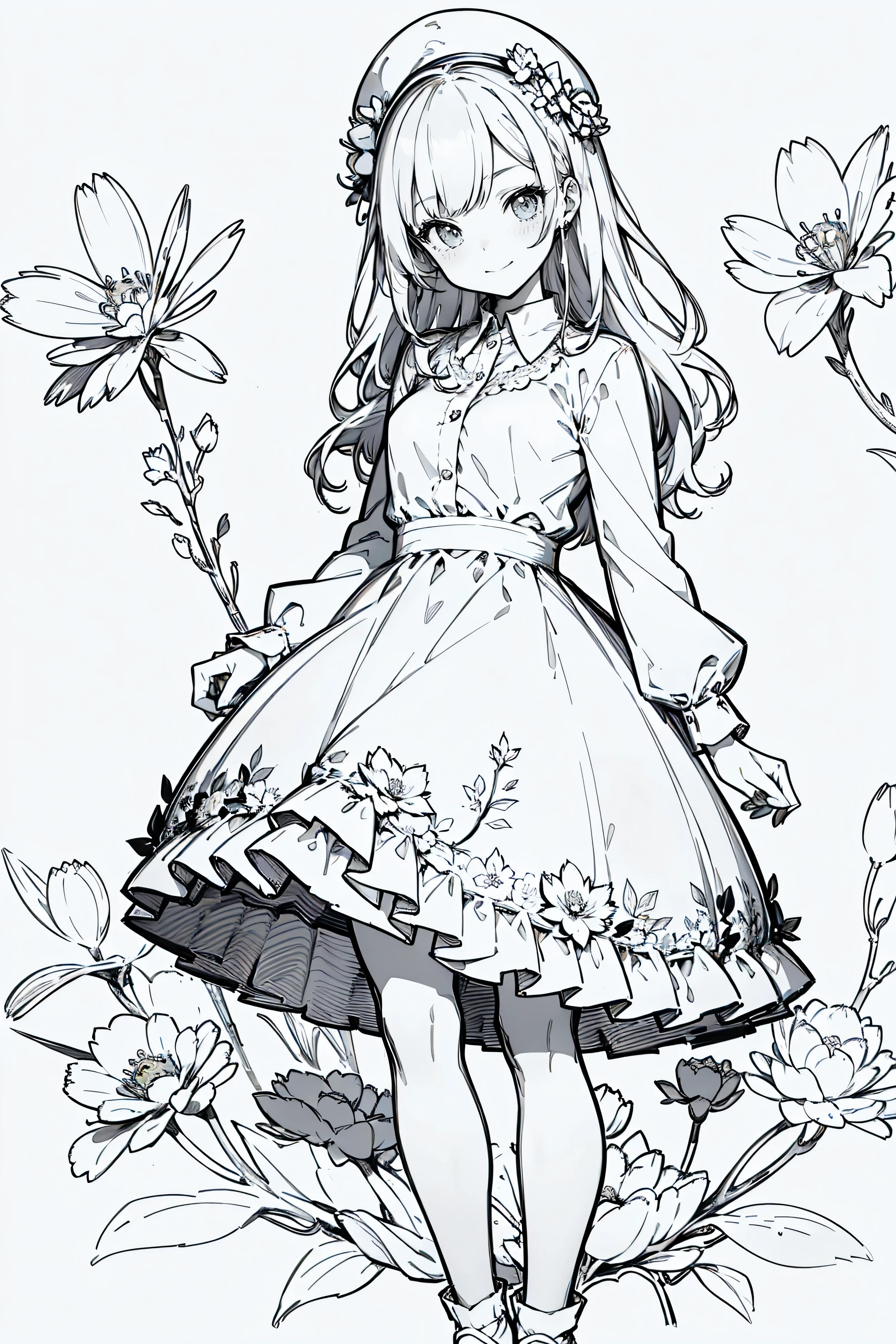 line art , Line Art、Black and White、Gray Hair、 White Outfit 、Simple lines、masterpiece, top quality,1. sketch, ((1. Line Art)), ( pencil drawing), Barbie Happy Girl with a bunch of flowers, alone, long hair,, smile, fringe , skirt, shirt, Long Sleeve, Sombrero, dress, closed his mouth, flower, flower, flower, Holding a bunch of flowers, flower, line art ,((sketch)), white background, Draw a line,simple background, high definition,